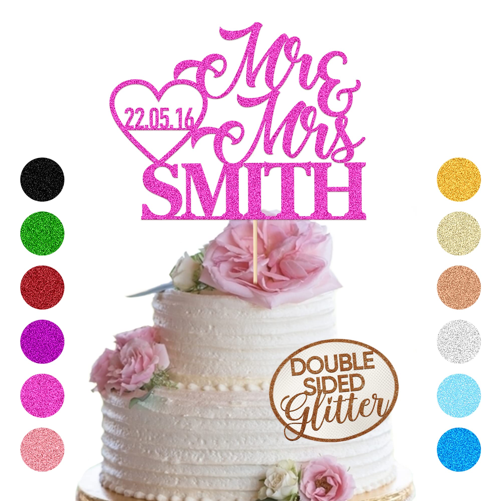 Personalized Wedding Cake Toppers - Double Sided Glitter Paper with Any Name Date (Pink)
