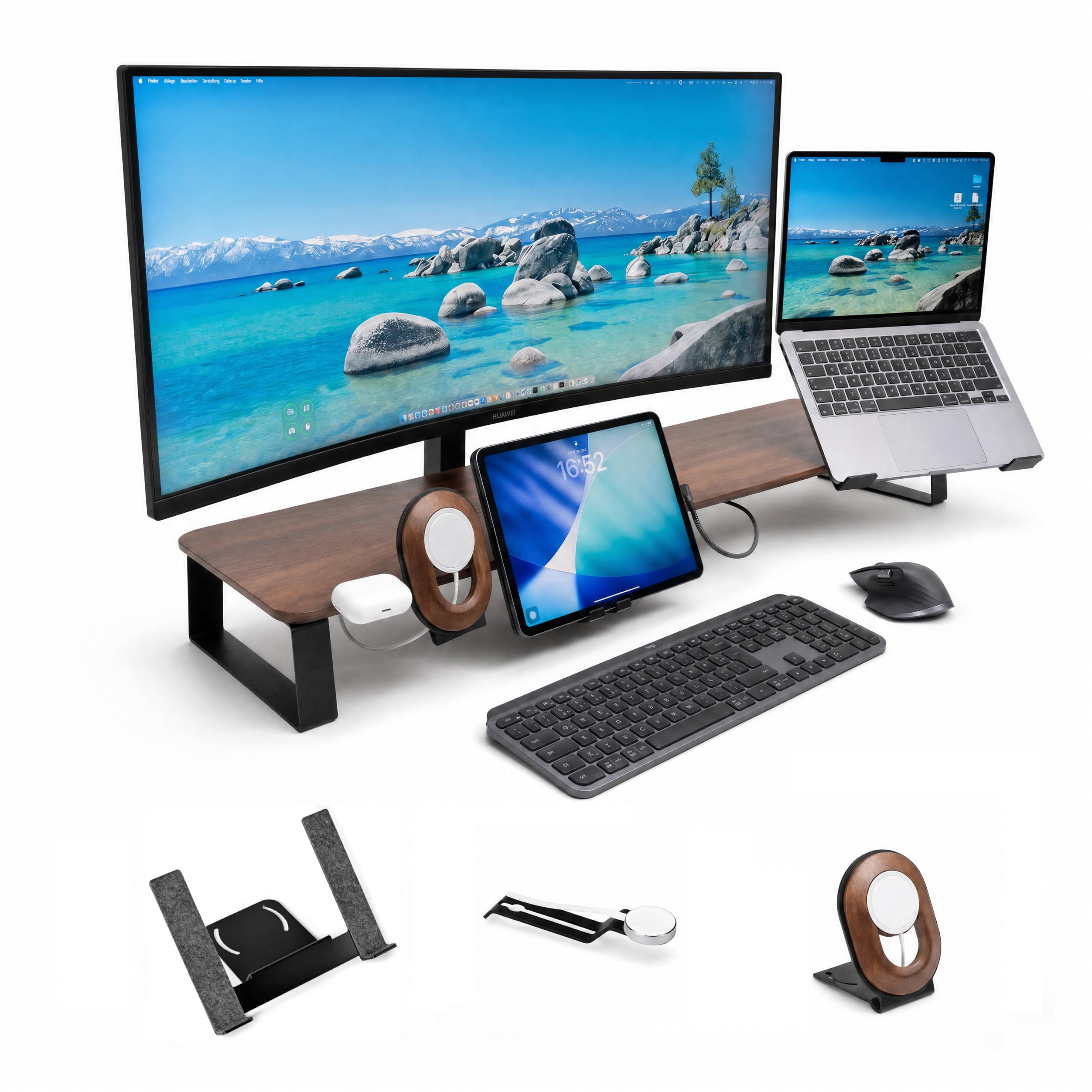 Monitorständer Desk Shelf 100 cm Walnuss | Monitorerhöhung Holz mit modularem Schienensystem | Schreibtisch-Organizer für kompakte Setups