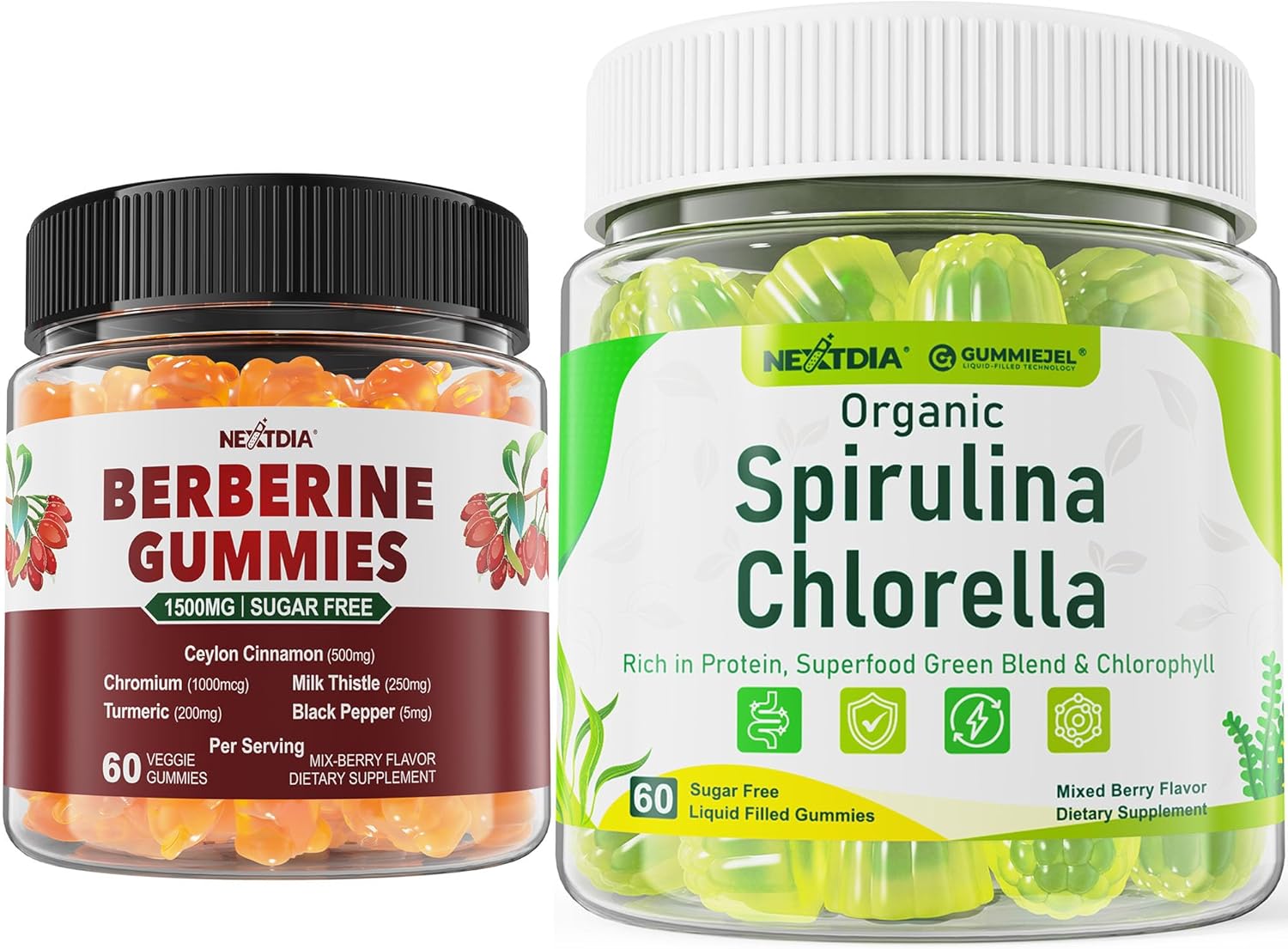 Nextdia Organic Spirulina Chlorella Gummies + Berberine Supplement