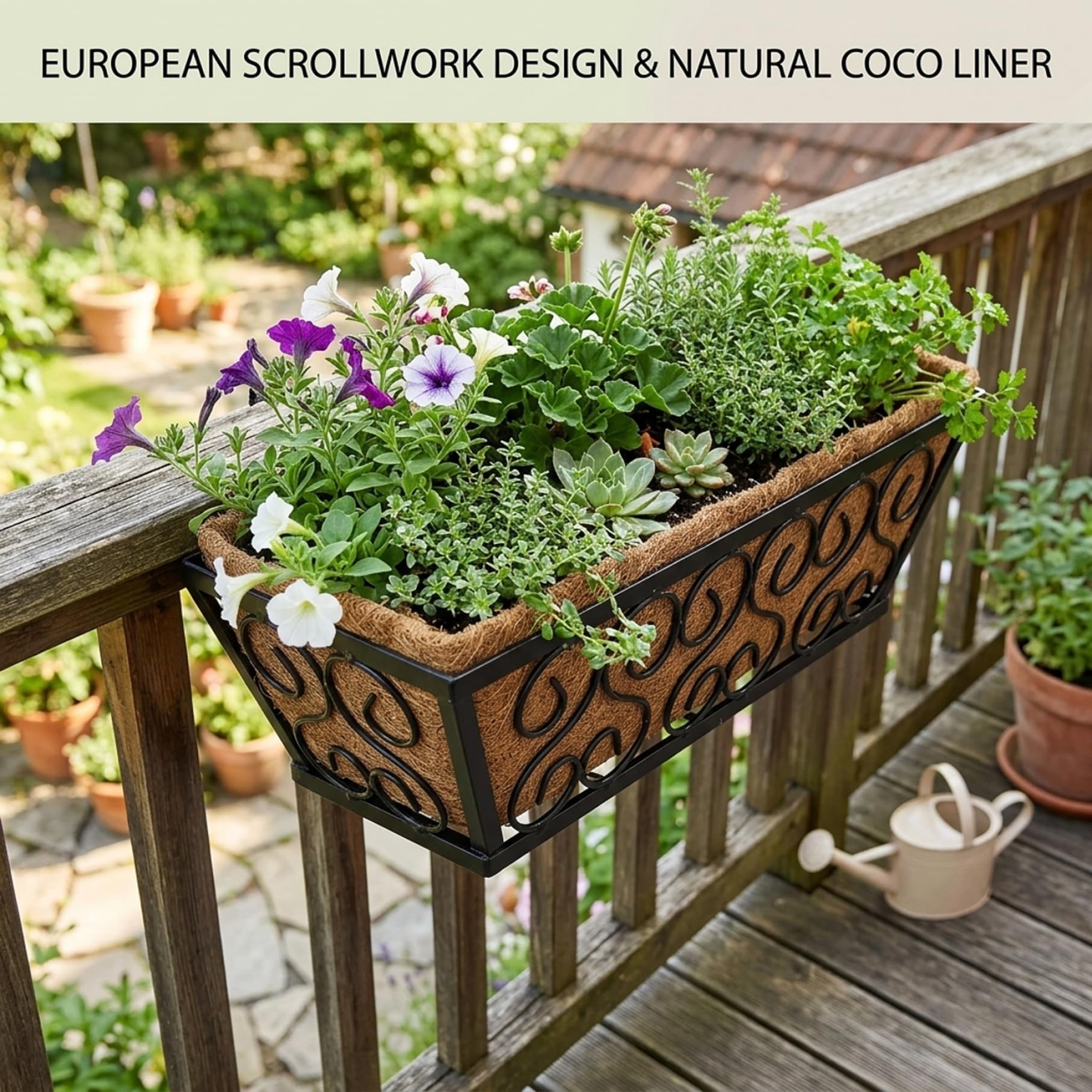 2 maceteros con barandilla, macetero Colgante de Ventana Resistente de 16 Pulgadas con Soportes Ajustables y Revestimiento de para balcón, terraza, Porche y jardinería
