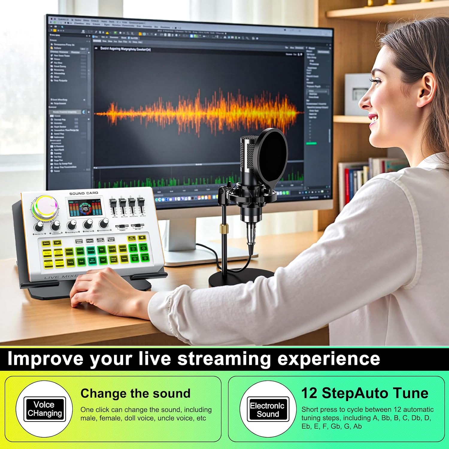Y300-P15 Podcast Equipment Bundle,Audio Mixer Sound Board Live Sound Card,Podcast Microphone Bundle with 3.5mm Condenser Microphone for PC & Phone,Podcasting,Live Streaming,Voice Changer,Dj Set