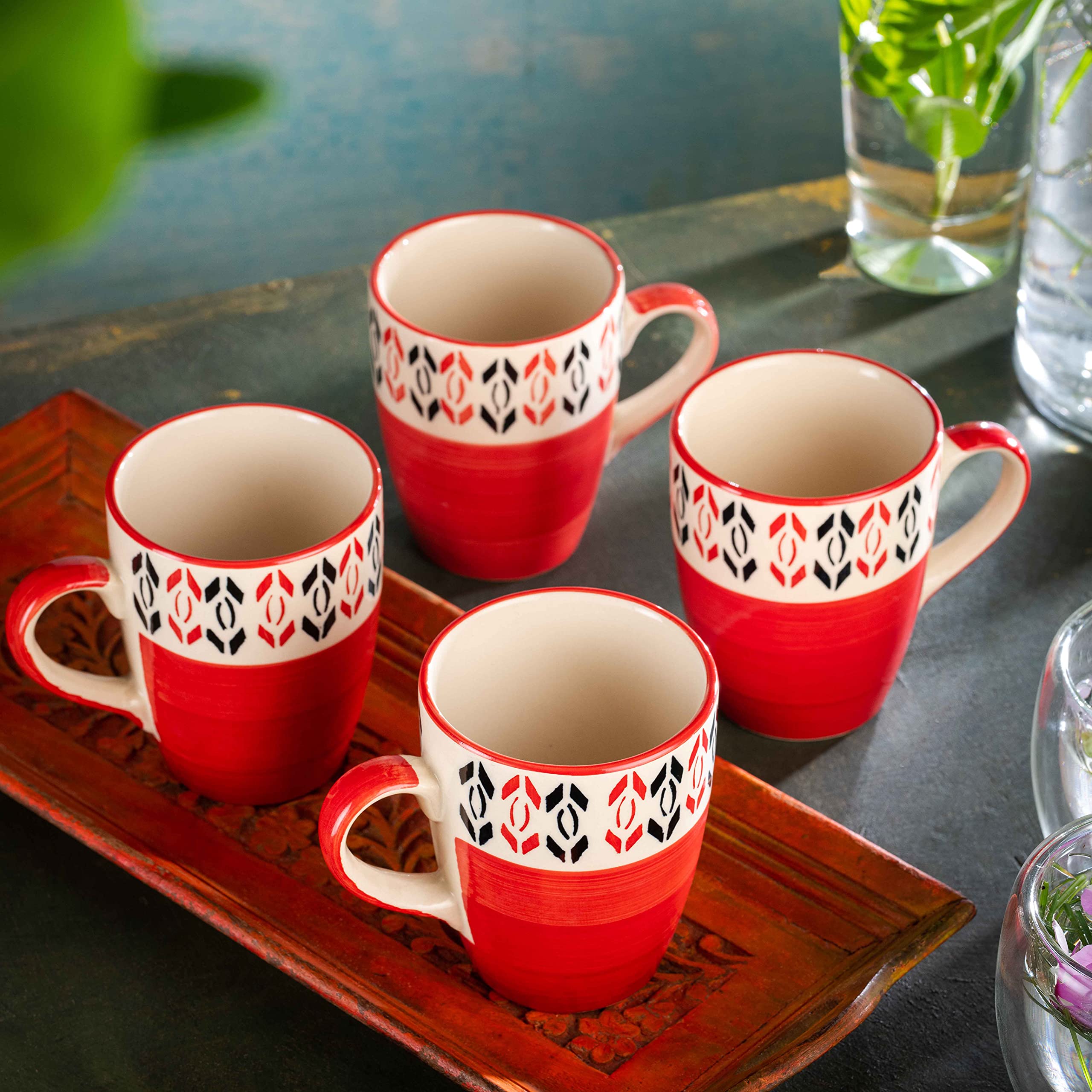 HS HINDUSTANI SAUDAGAR Crimson Red Coffee Mug Set of 4 (275 ML Each) Microwave Safe Coffee Mugs Ceramic Milk Mug Ceramic Tea Mug Set Handmade Cup Best for Gift.