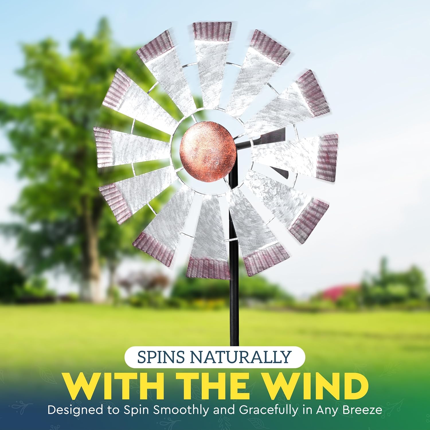 Garden Wind Spinners with 50" Tall Yard Stake - 13" Windmill Style Wheel | Low Friction Bearings | Weathered Galvanized Metal Wind Spinners with Copper Toned Center | Metal Garden Decor
