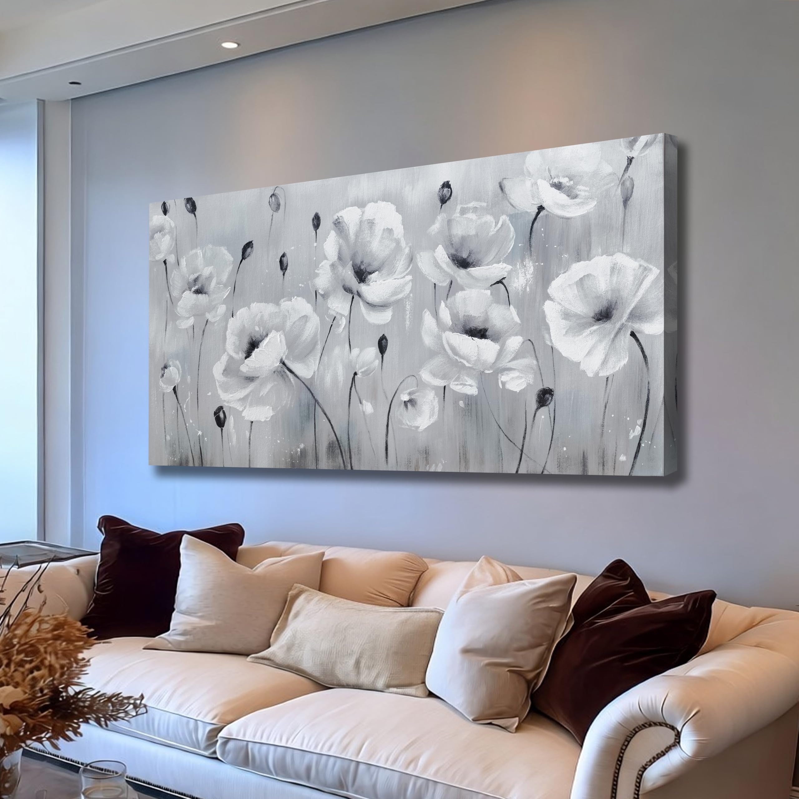 Belmrxne Large Floral Wall Art Black and Grey Wall Decor flower Canvas Painting Aesthetic Artwork modern Trendy canvas