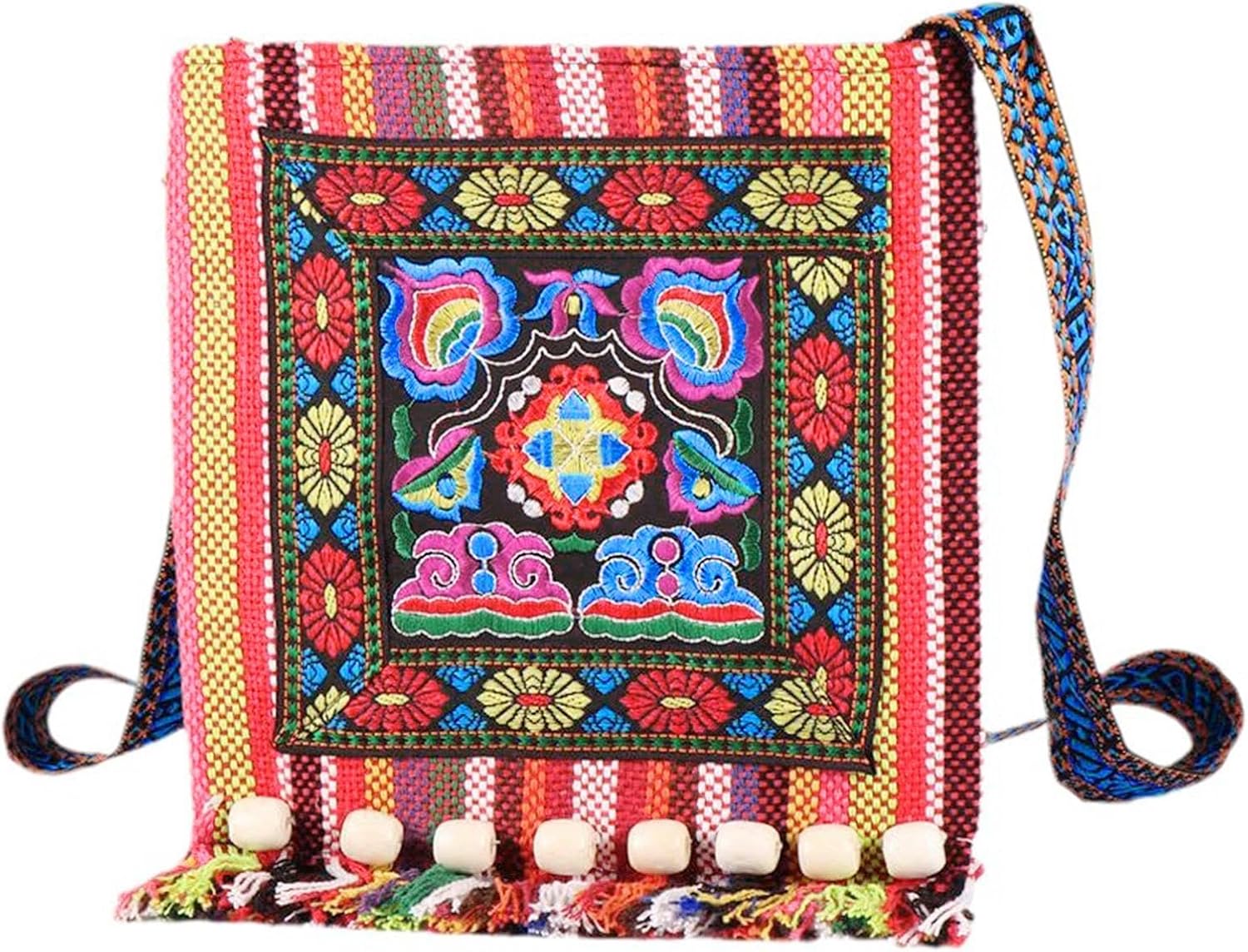 Chinese Embroidery Crossbody Bag for Women, Traditional Tribal Canvas Shoulder Bag with Tassel, Vintage Boho Purse for Travel Shopping Party Halloween, Red - Image 8