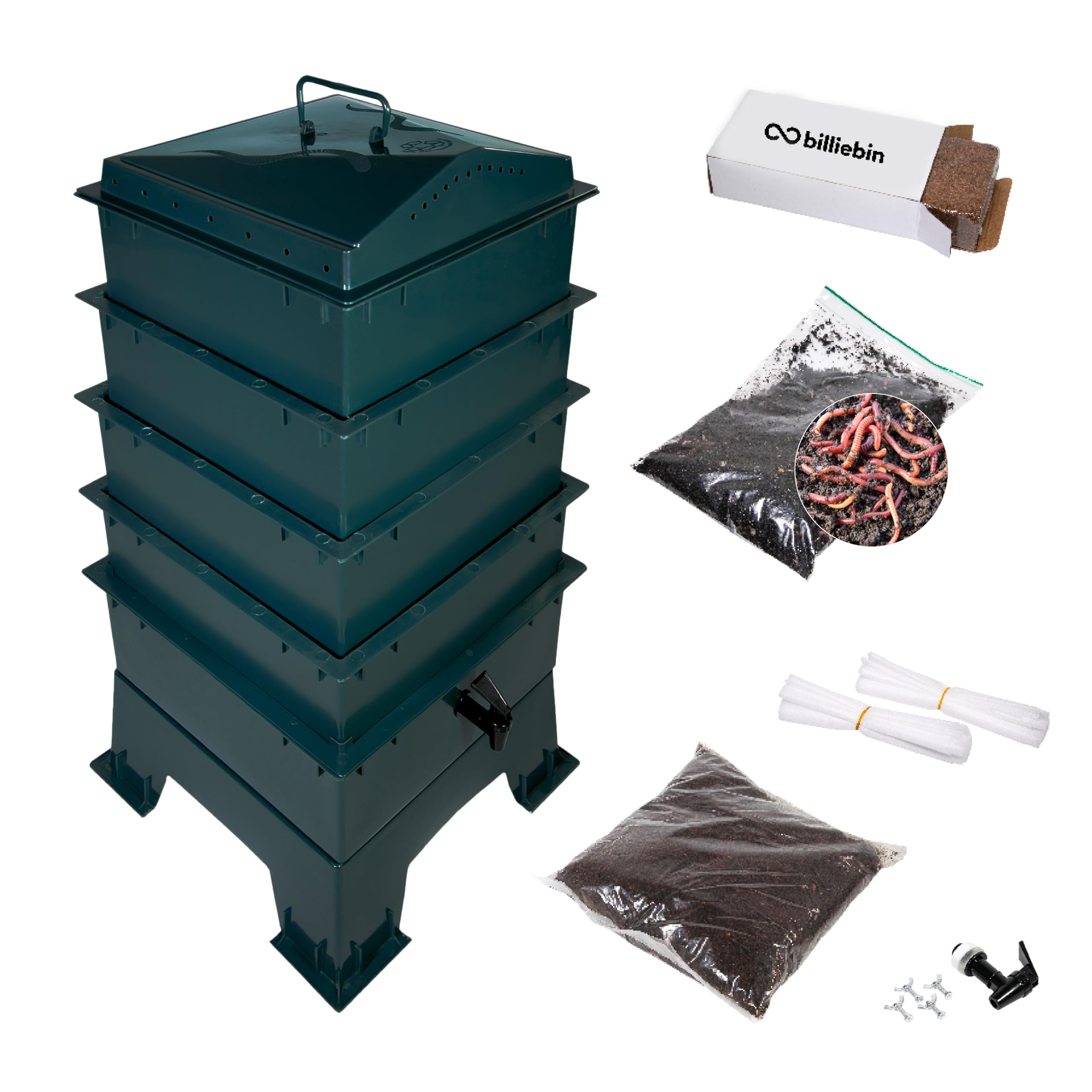 Juego de iniciación para lombrices, 4 niveles, incluye gusanos de compostaje, sustrato de inicio, ladrillo de coco y accesorios, caja para gusanos (verde)