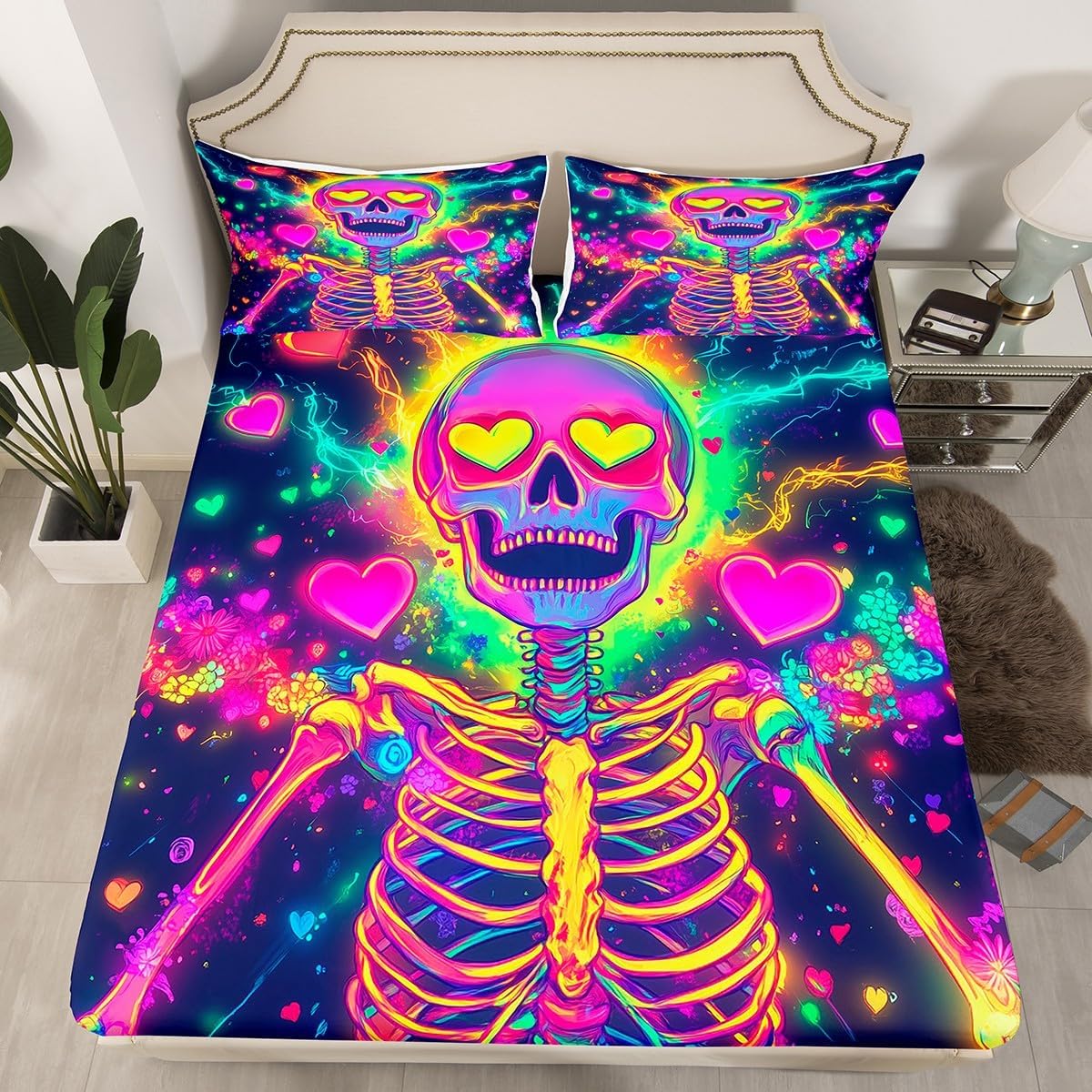 Trippy Gothic Skull Fitted Sheet Full Size Romantic Heart Print Bedding Set for Kids Boys Girls Teens Valentine's Day Gift Bed Sheet Set Neon Lightning Flame Bed Cover Room Decor,No Top Sheet