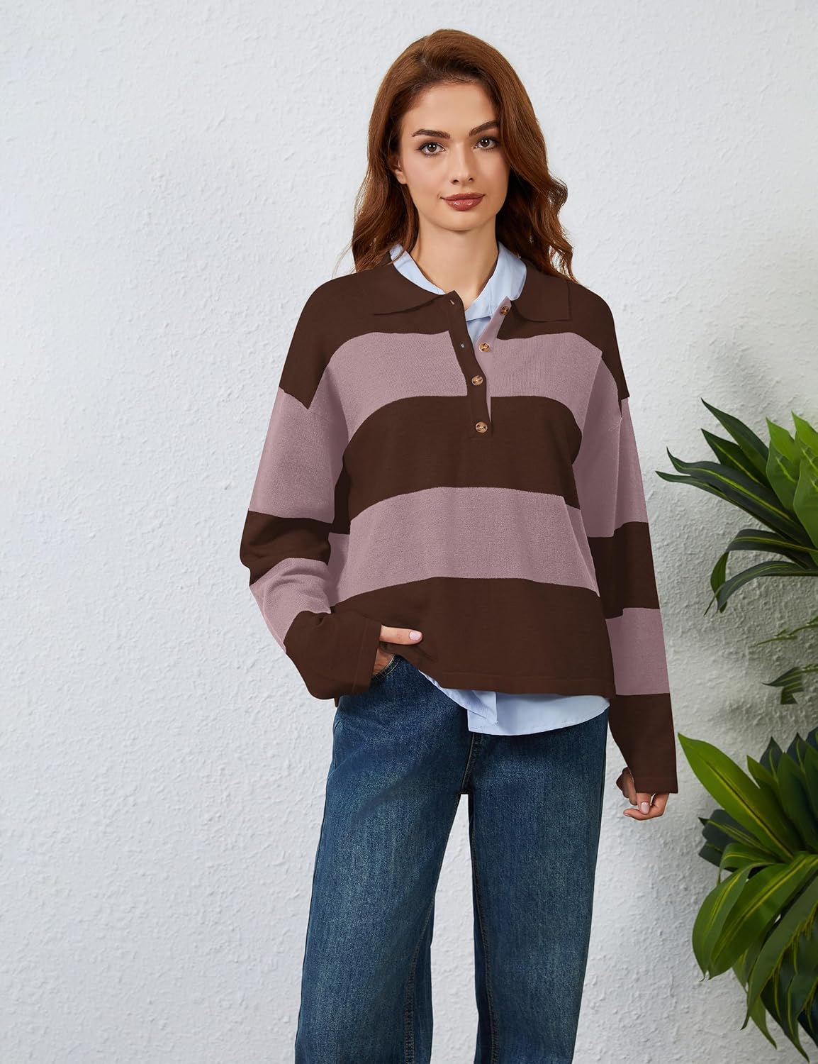 Womens Striped Sweater Shirts Lapel Polo V Neck Long Sleeve Strip Knit Pullover Casual Layer Top Jumper Y2K Shirt - Image 5