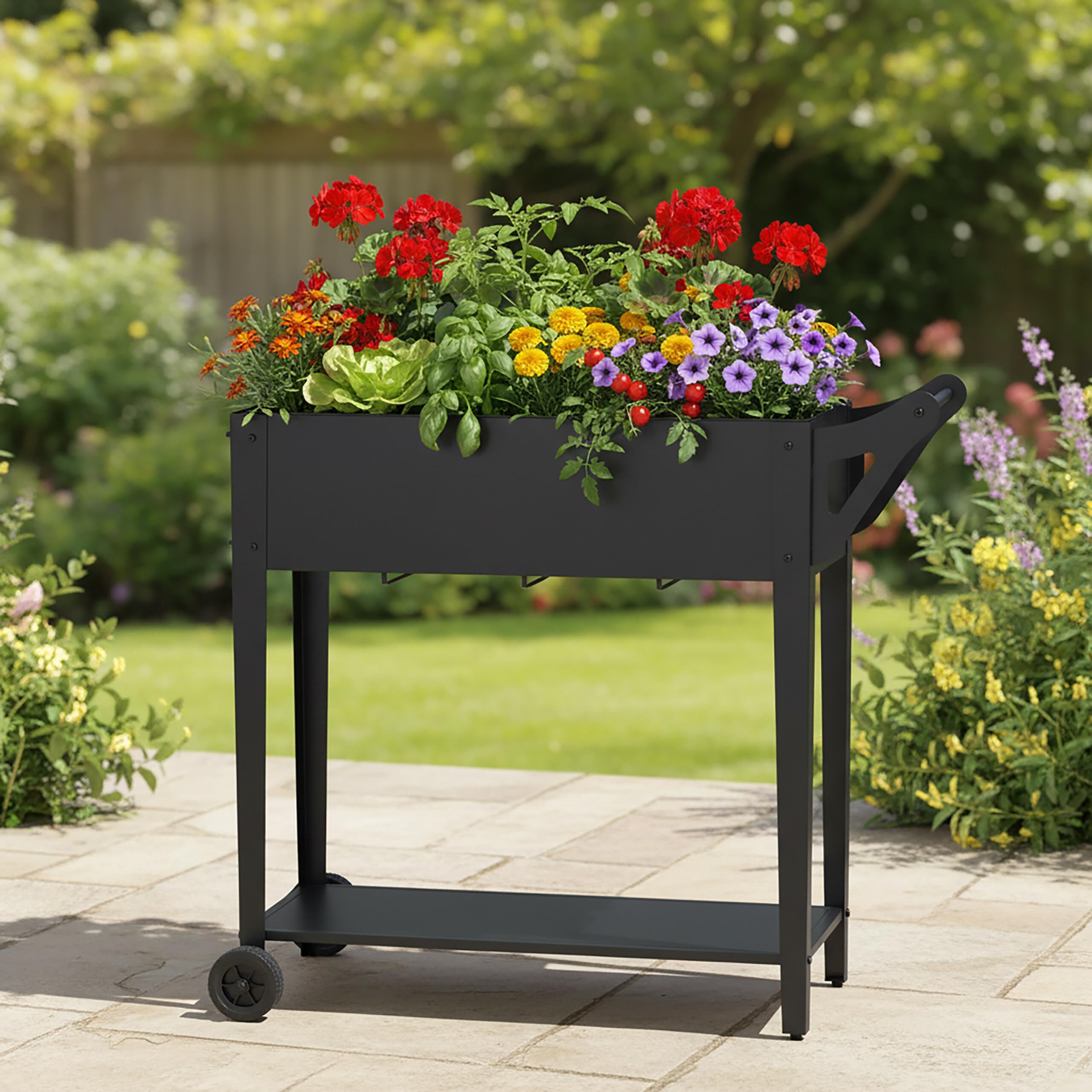 Relaxdays Jardinera elevada con Estante, 2 Ruedas, jardín, balcón y terraza, 80 x 85 x 50 cm, Jardinera móvil, Negro