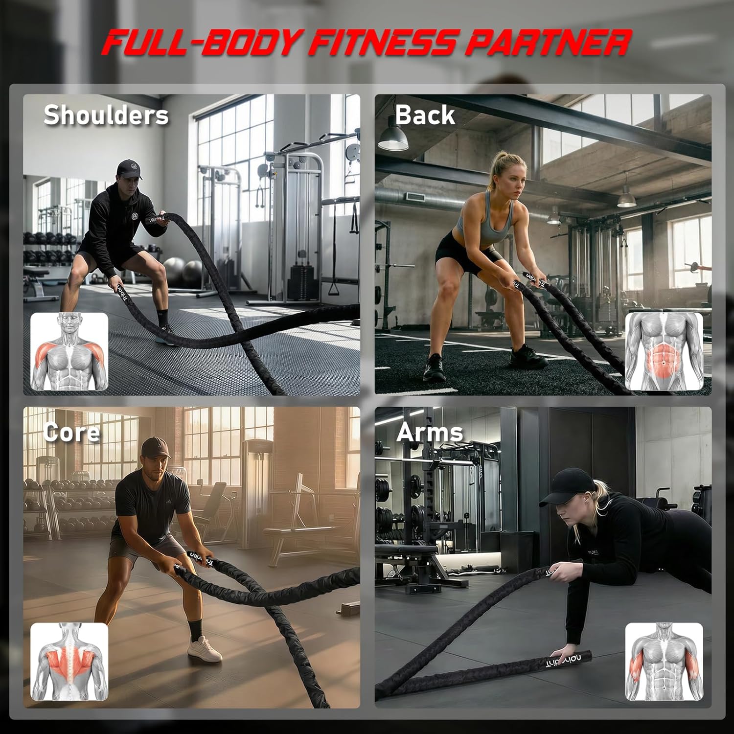 Battle Rope for Home Gym Workout - 1.5 Inch 30ft Heavy Weighted Training Exercise Ropes Fitness Equipment with Sleeve and Anchor Strap Kit for Outdoor Working Out