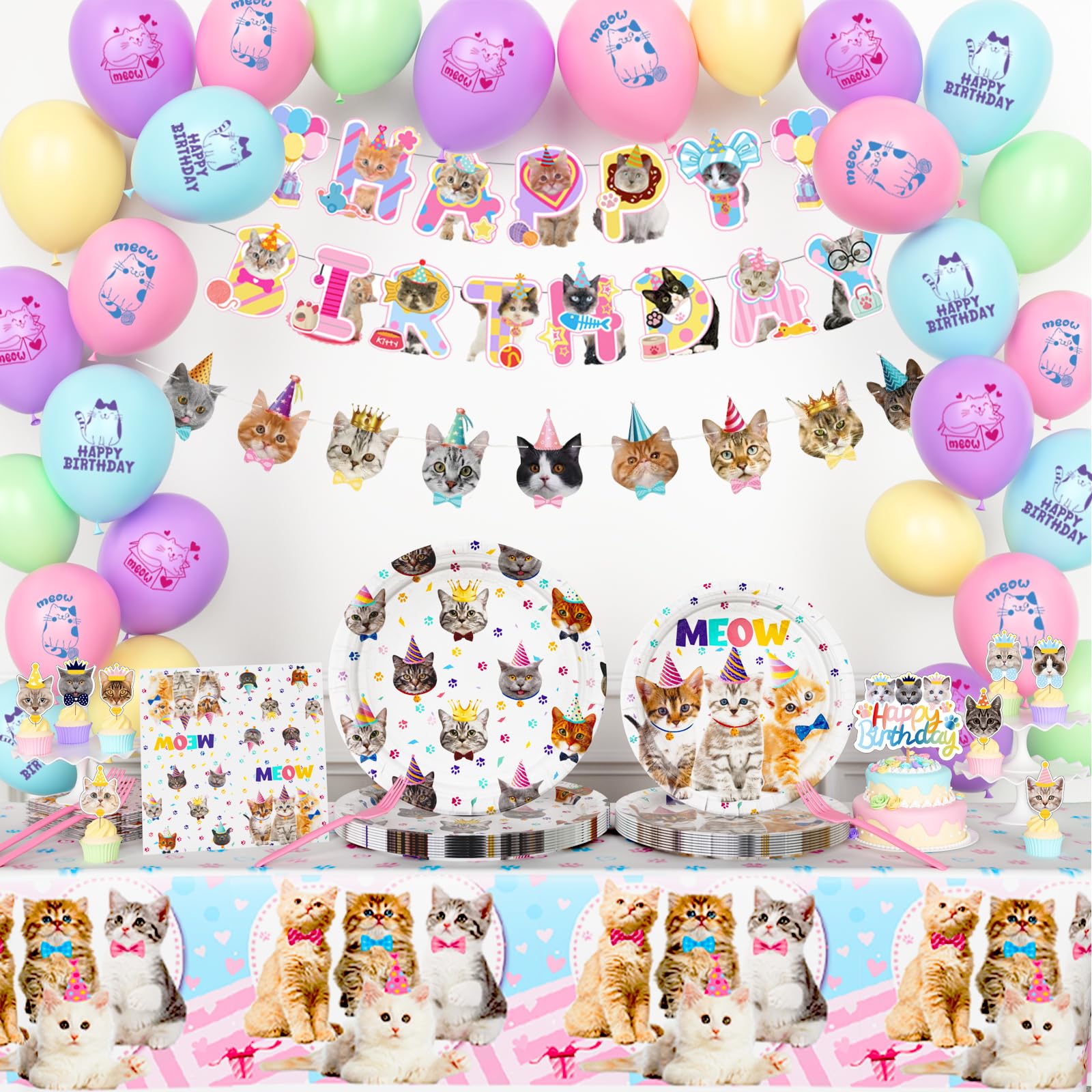 Fiesec Cat Birthday Party Supplies Serves 24 Guests, Kitten Birthday Party Decorations, Cat Party Balloon Banner Tablecloth Cake Toppers Tableware