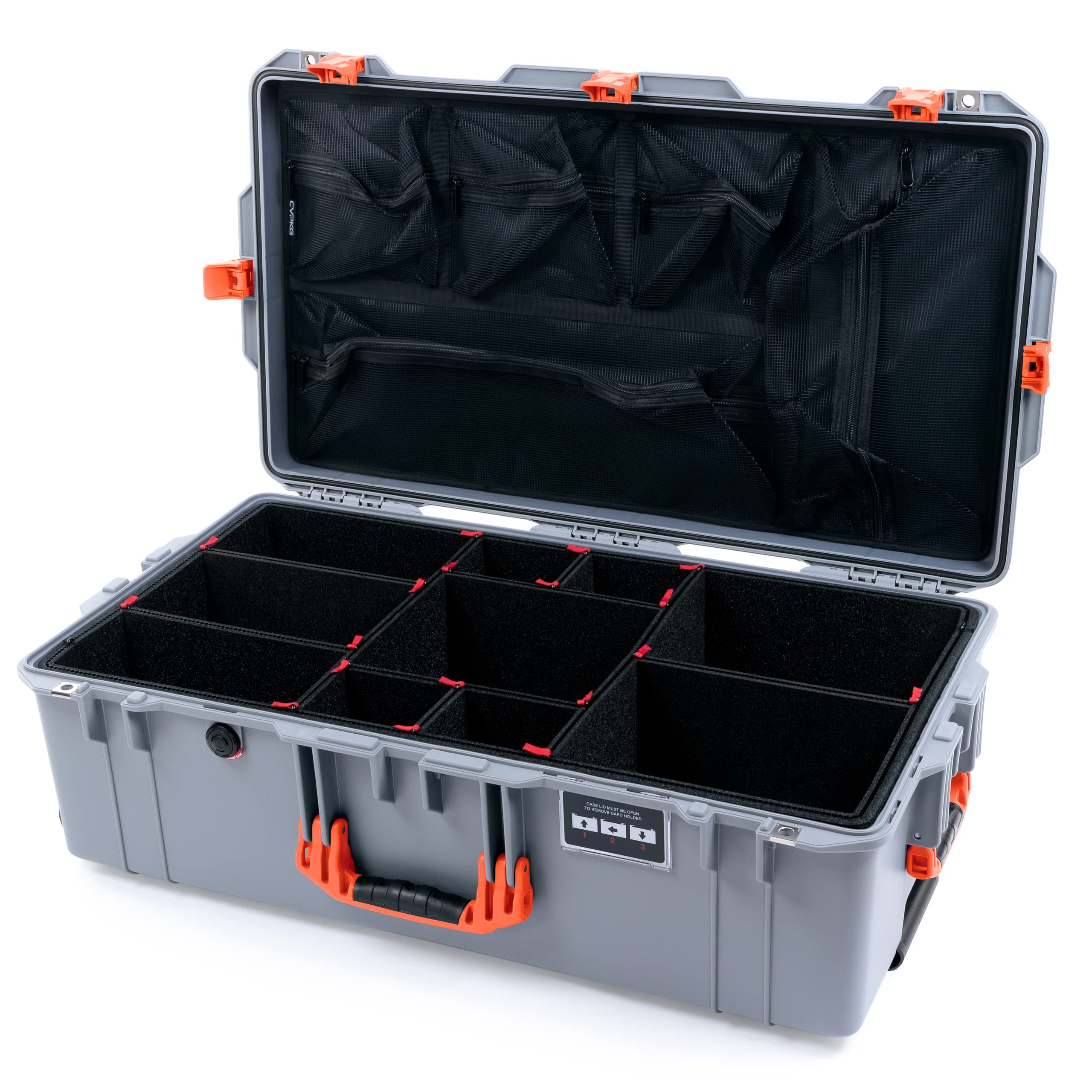 Silver & Orange Pelican 1615 air case with Trekpak dividers and mesh lid organizer.