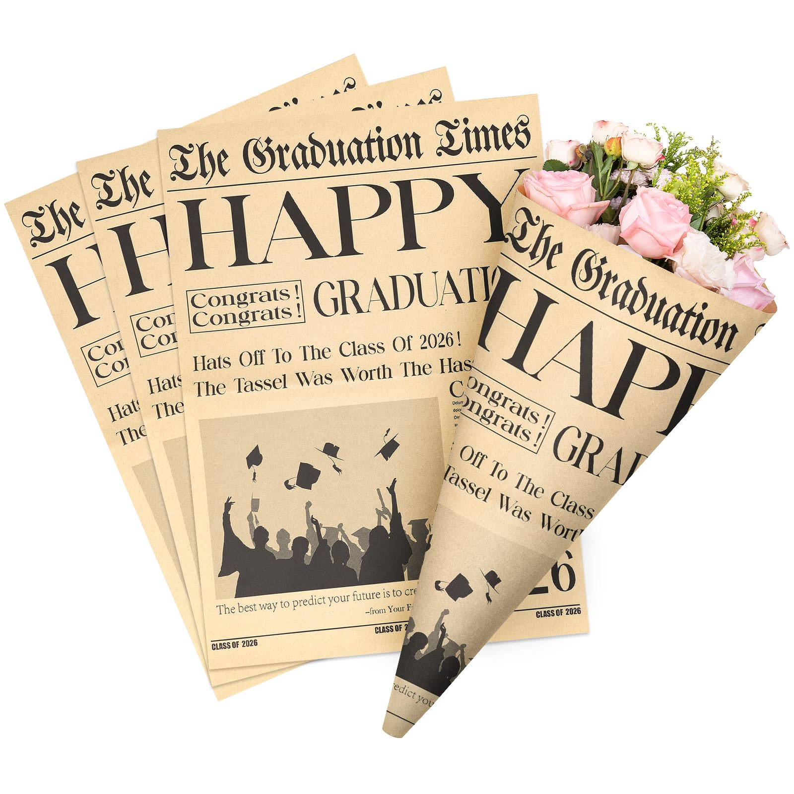 Photo 1 of ***07/19 ITEM CORRECT ***
RUSPEPA 10 Sheets Kraft Newspaper Graduation Flower Wrapping Paper, Vintage Brown The Graduation Times Design with Cap & Diploma, Kraft Floral Bouquet Wrap for Florist, 2026 Graduates, Party