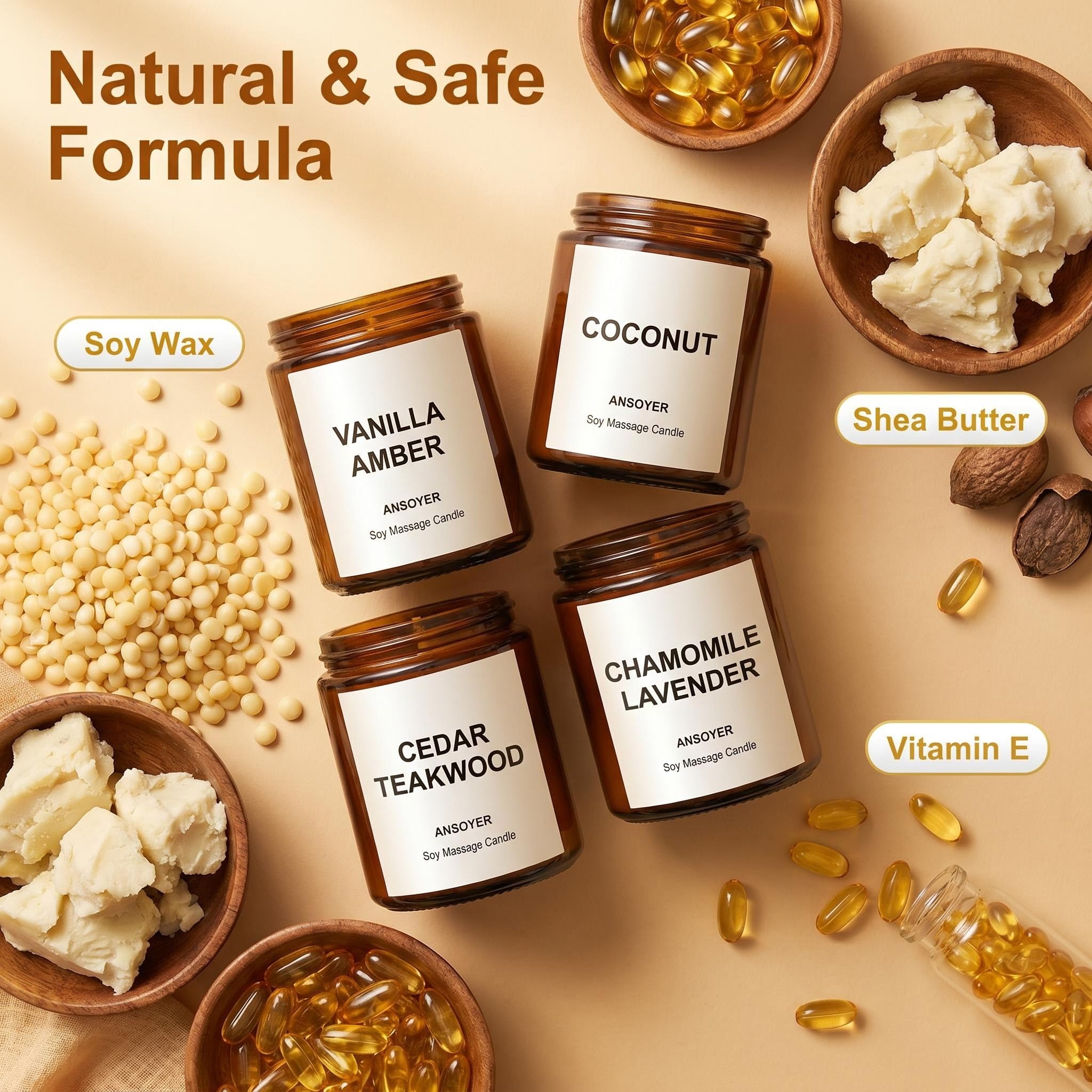Pack de 4 Velas de Masaje para Aceites y Cremas Corporales - 512g en Caja Regalo (Ámbar Vainilla+ Coco+ Madera de teca de cedro+ Manzanilla Lavanda)