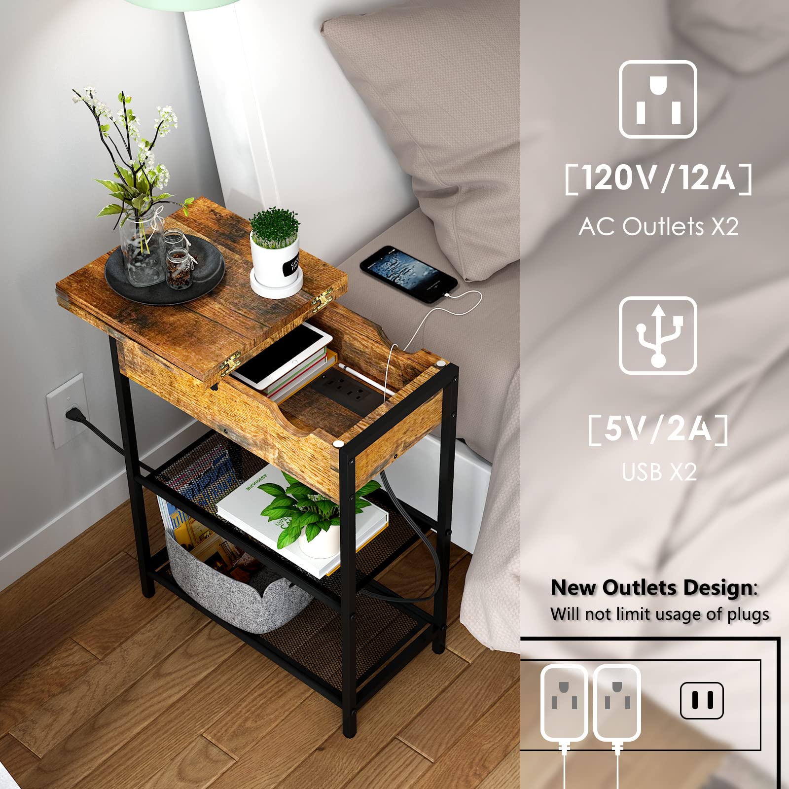 Sofa Side Table with USB Ports and Outlets, Narrow End Table with