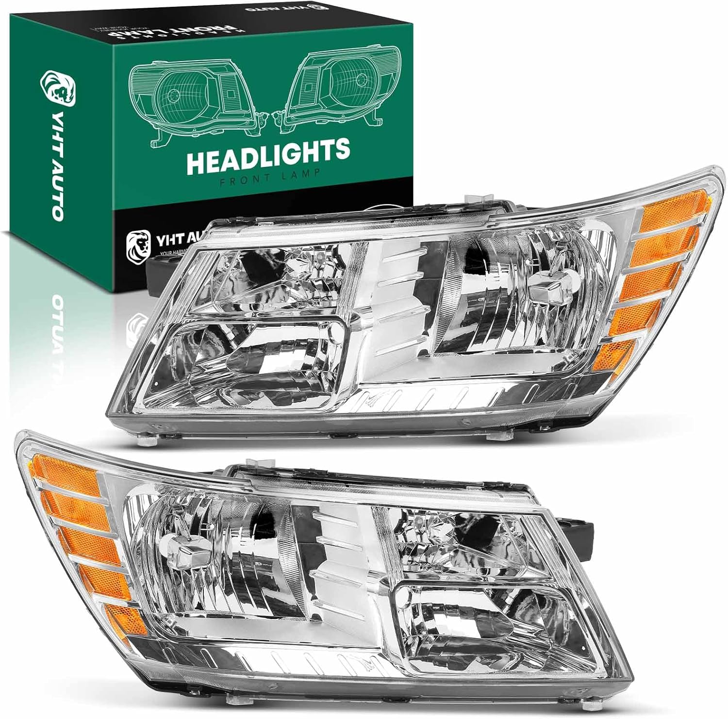 YHTAUTO Pair Headlights Assembly Compatible with 2009-2020 Dodge Journey, No Bulbs Included, Direct Fit DOT Certified Head Lights Lamps, Clear Lens Chrome Housing