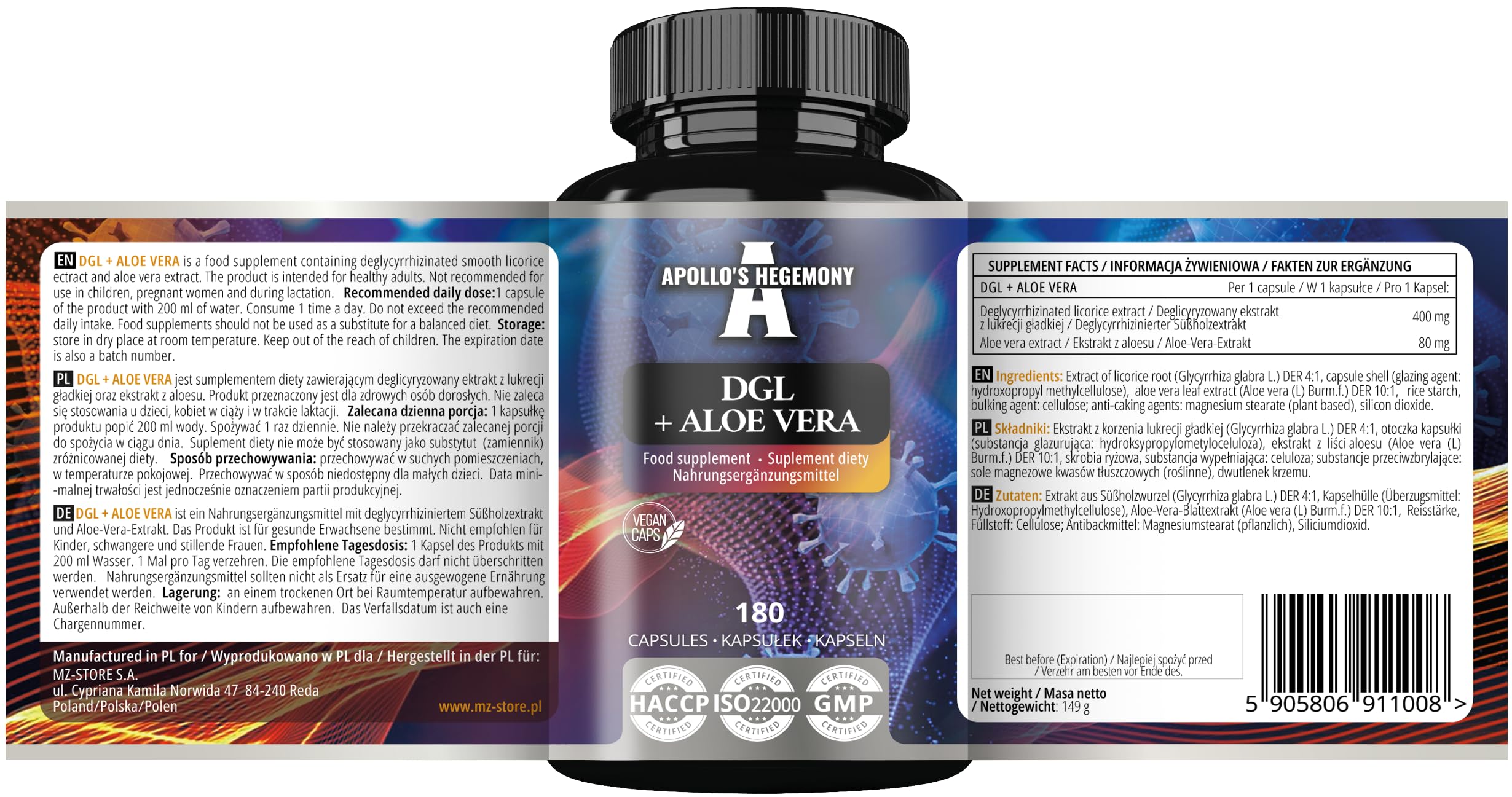 DGL + Aloe Vera (polvere di liquirizia e aloe vera) 500 mg - 180 capsule vegane - 6 mesi di fornitura - integratore di supporto alla digestione e alla resistenza - da Apollo's Hegemony