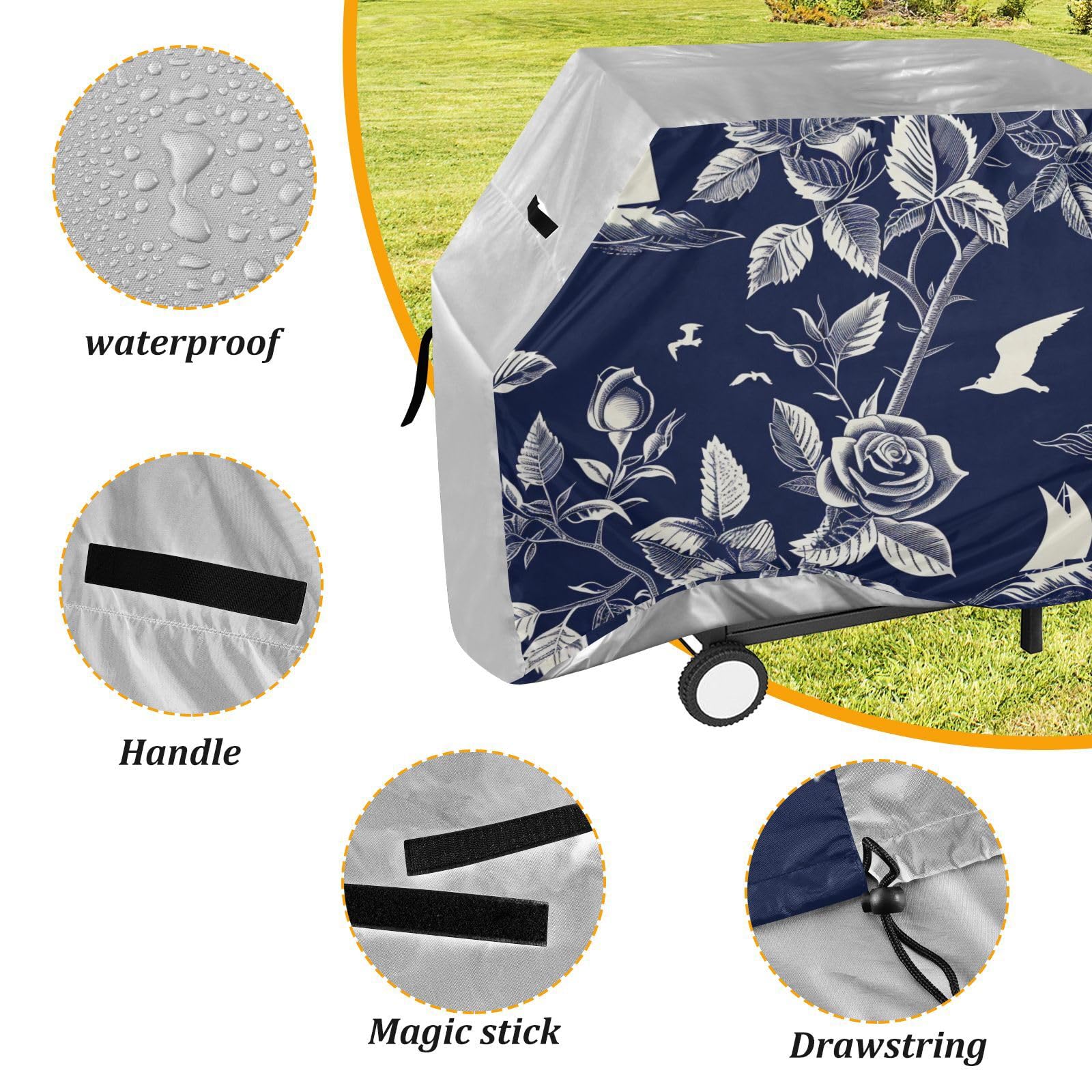 Ocean Beach Ocean Style Roses Outdoor Patio Grill Pokrowiec 158 cm Wodoodporny Wytrzymały odporny na rozdarcie odporny na blaknięcie materiał pokrowiec na grilla z regulowanym sznurkiem dla kurzu i