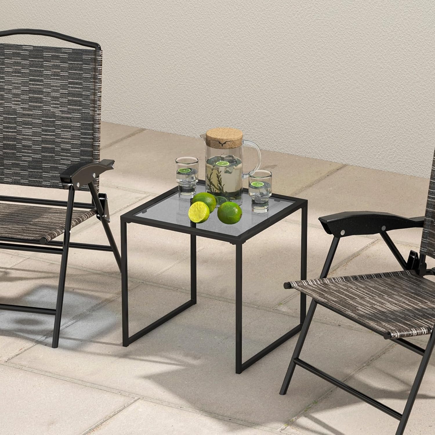 Giantex 17” Square Outdoor Side Table with Metal Frame, Indoor Small Tempered Glass End Table for Bistro, Patio, Living Room, Porch, Deck, Garden, Poolside, Easy Assembly