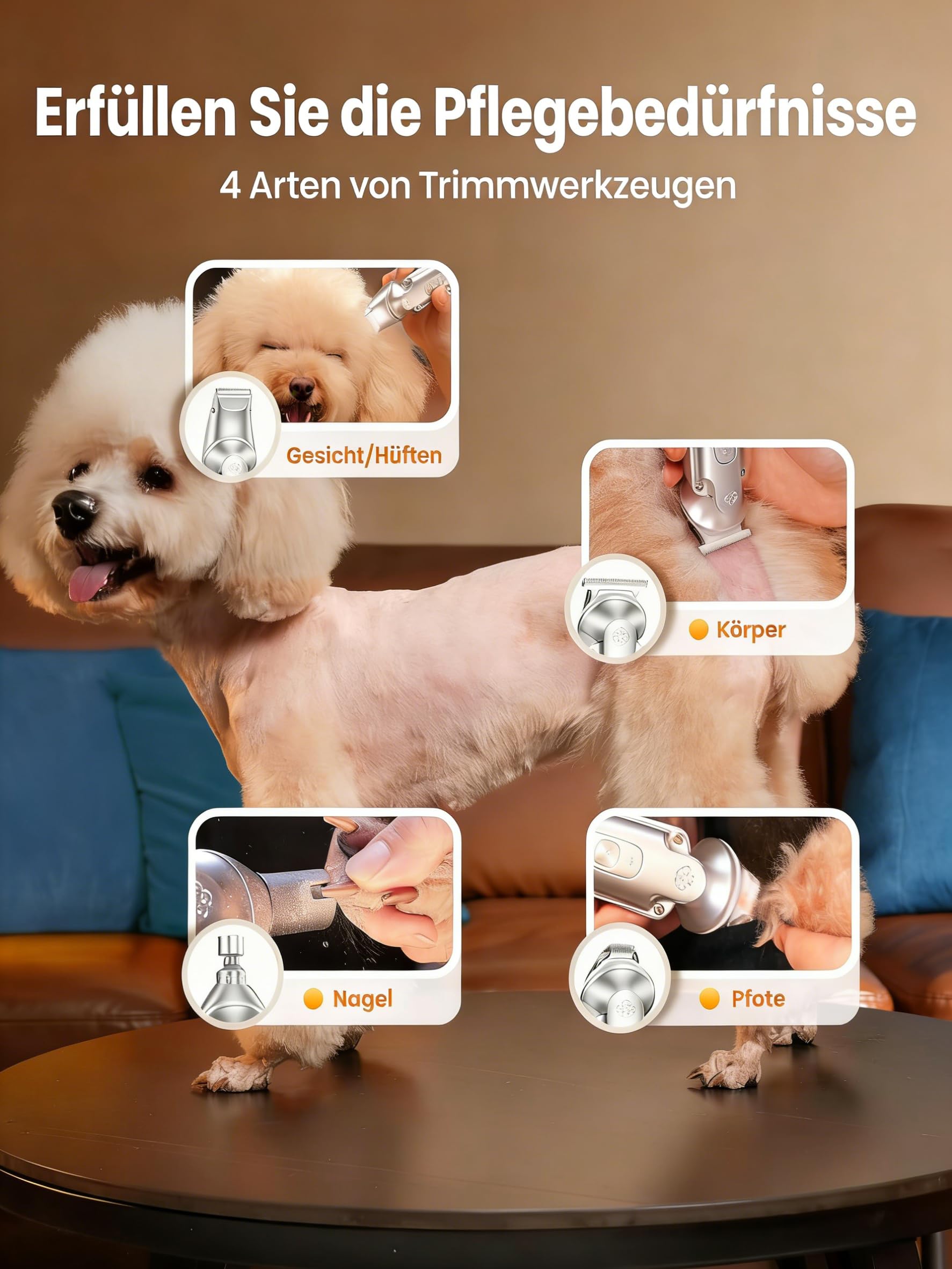 oneisall 4-in-1 & Leise Tierhaarschneidemaschine Set, IPX7 Wasserdicht 2000mAh Wiederaufladbar Schermaschine für Katzen Hunde mit dichtem Fell/Langhaar, Pfotentrimmer & Haarschneidemaschine Profi