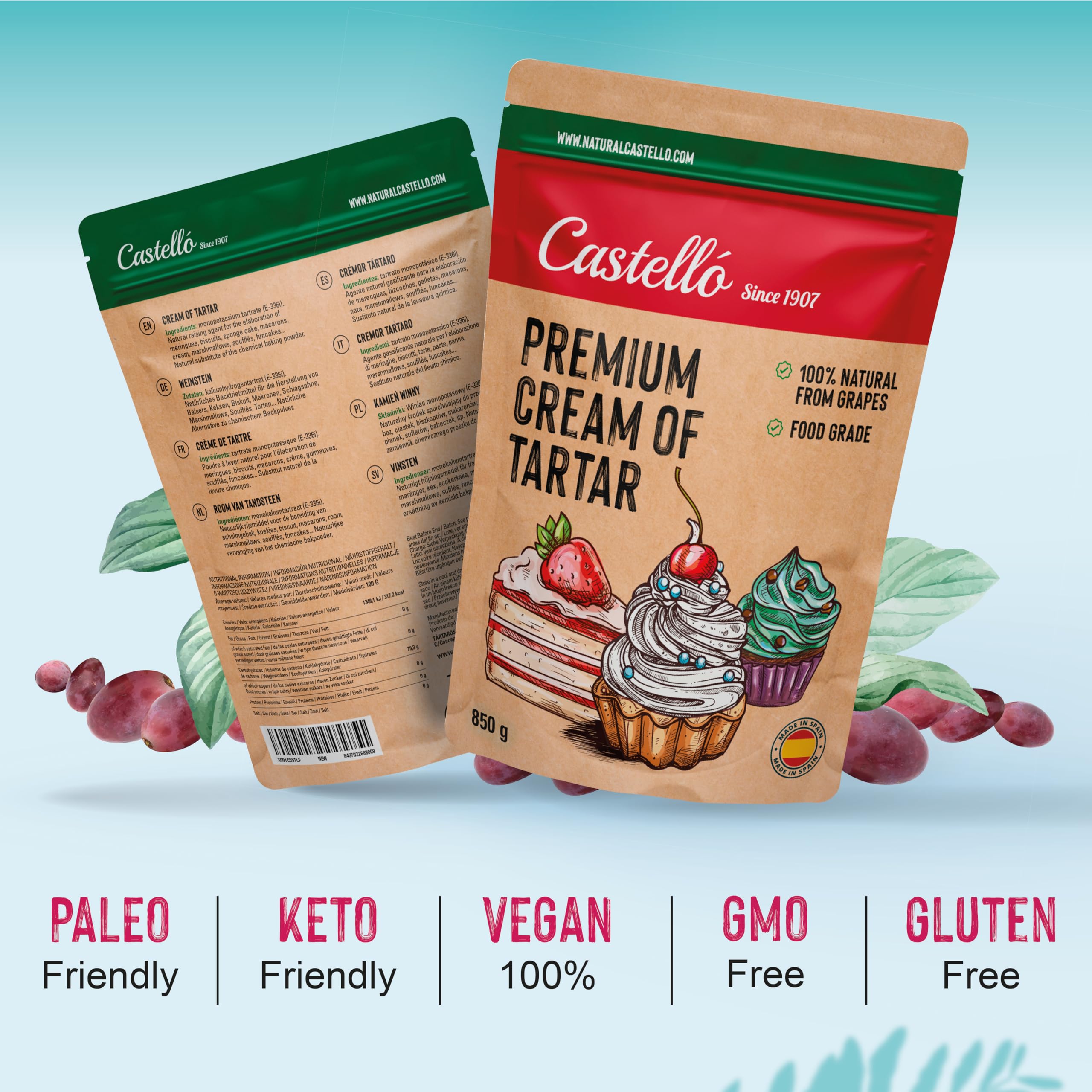 Castello since 1907 Cremor Tártaro (Cream of Tartar) 850 g - 100% Natural - Sustituto Natural de la levadura química - Sin Gluten - Sin aditivos - Sin fosfatos - Keto Y Paleo - No OGM