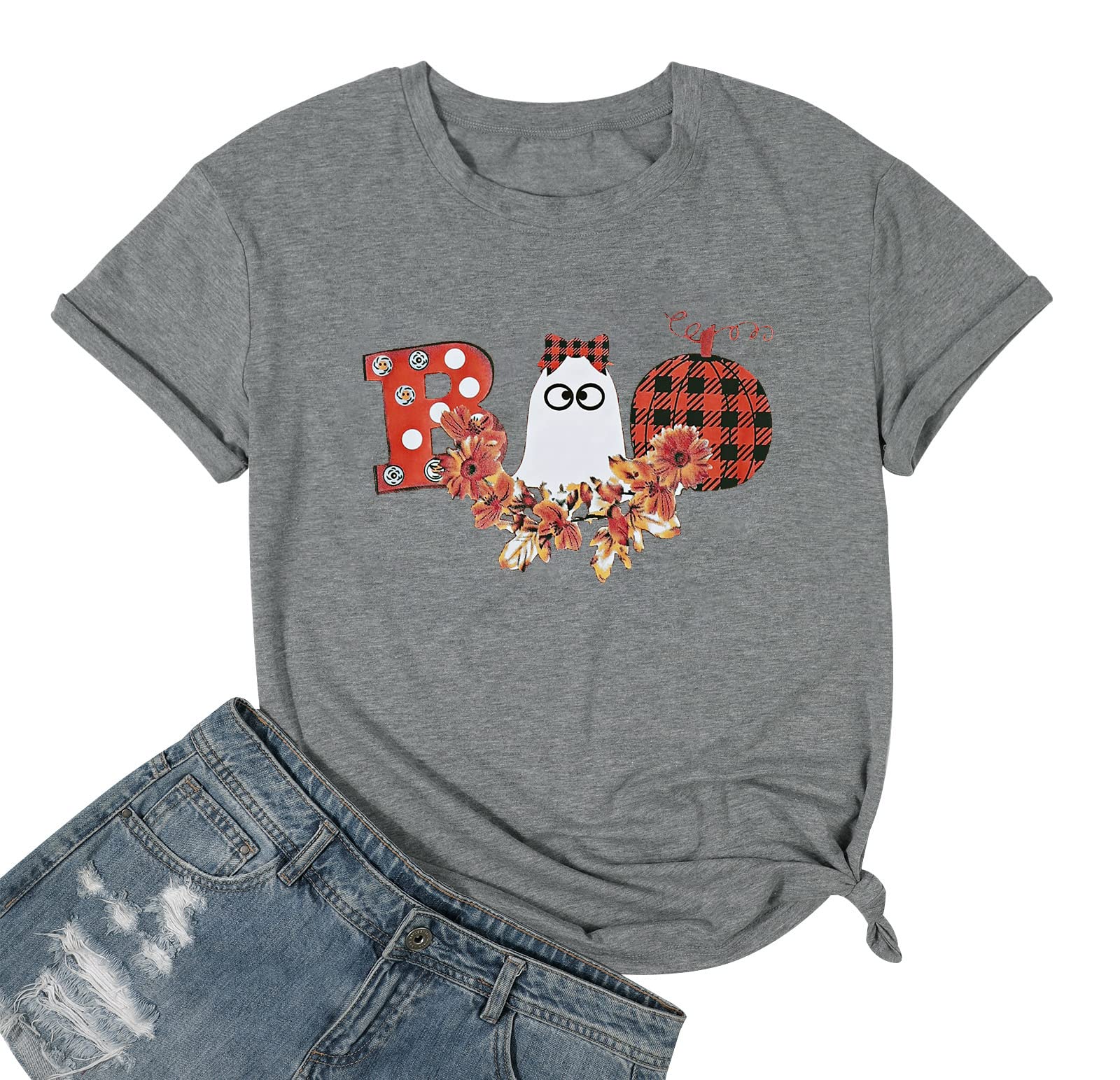 FASHGLPlaid Pumpkin T Shirt Women Halloween Boos Graphic Tee Funny Flower Tops Holiday Fall Blouse