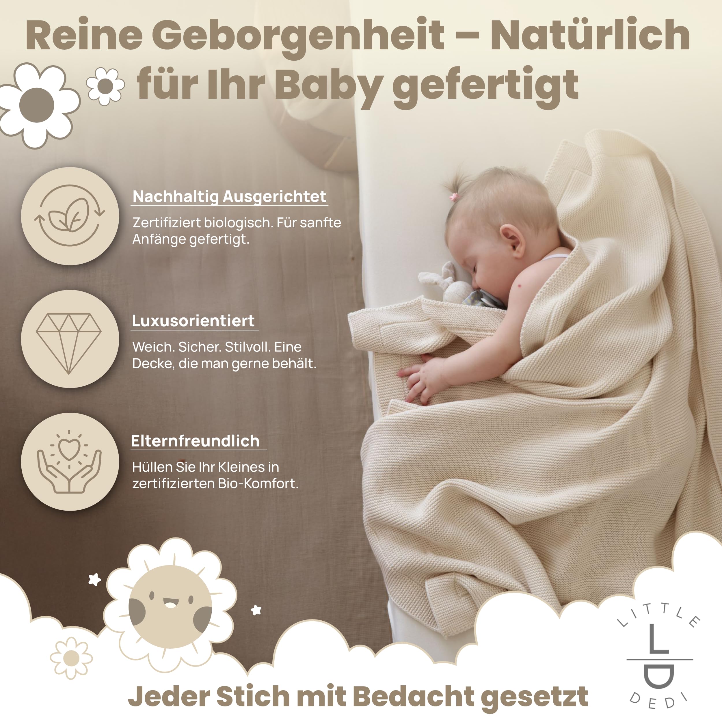 Weiche Babydecke Strick aus 100% Bio-Baumwolle GOTS Zertifizert, 80x100 cm. Naturbeige- Erstausstattung für Neugeborene, in Geschenkbox für Neugeborene Babys