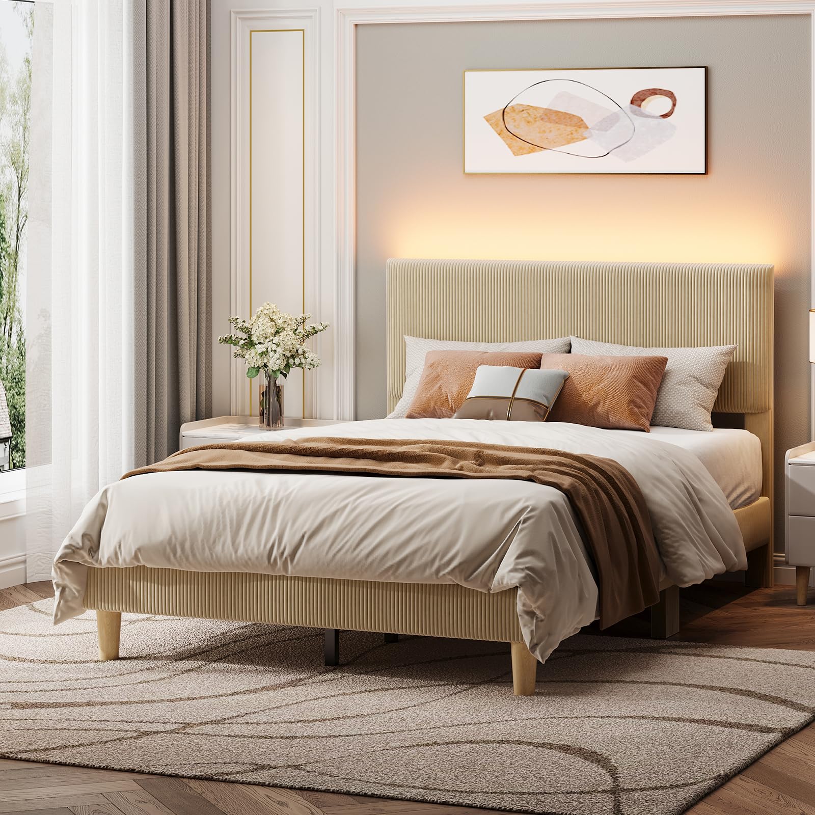Bestier Full Bed Frame with Adjustable Headboard, LED Lighting, Vertical Channel Tufted Corduroy Upholstered, Solid Wooden Slats Support, No Box Sprin