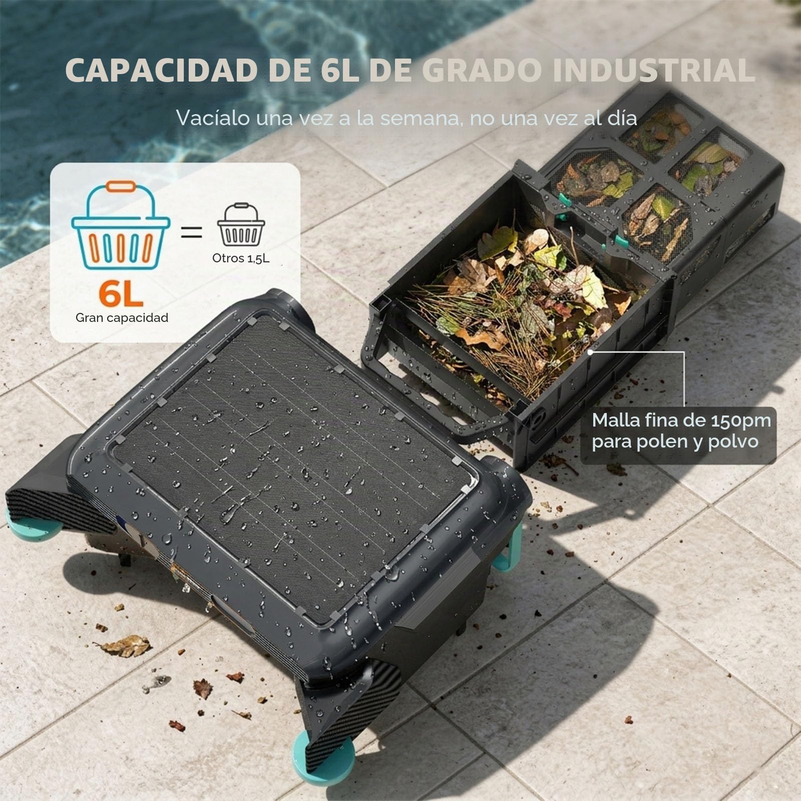 Robot Skimmer Solar con Batería 5200mAh, 20H+ Autonomía, Limpiador Automático de Superficie, 3 Motores Brushless, IPX8 Impermeable, Cesta 6L Mantenimiento Alberca