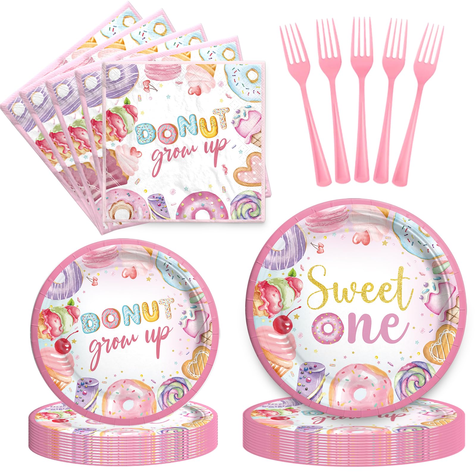 Hombae Sweet One Birthday Party Decorations – 96 PCs Donut Themed One Year Old Birthday Party Supplies with Dinner Plates, Dessert Plates, Napkins,