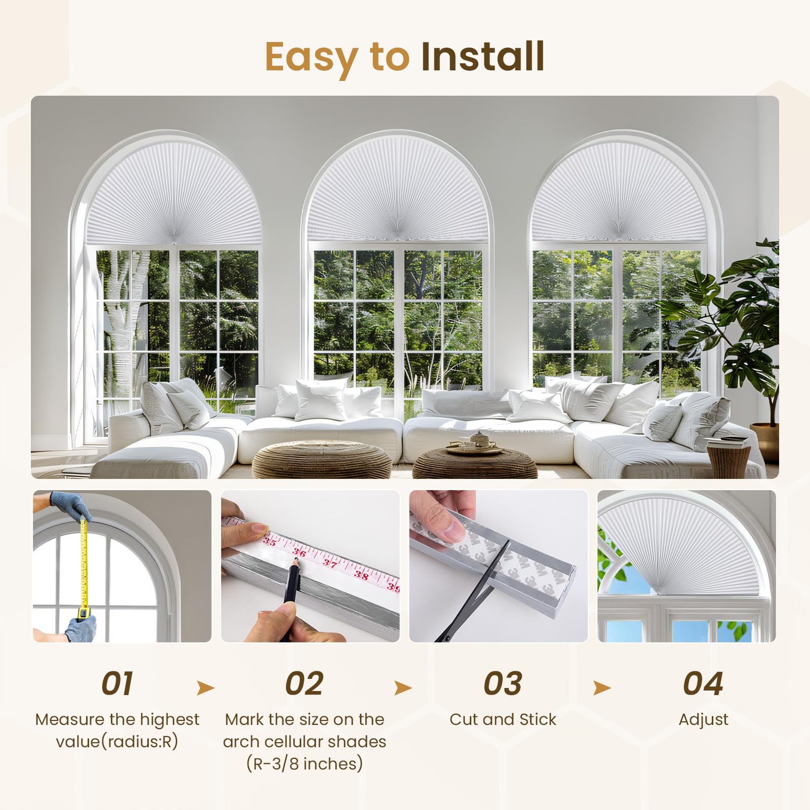 Grandekor Store de fenêtre occultant en demi-cercle – Stores cellulaires sans fil sans perçage – Stores en nid d'abeille pour fenêtres, faciles à installer, 91,4 x 183 cm, blanc