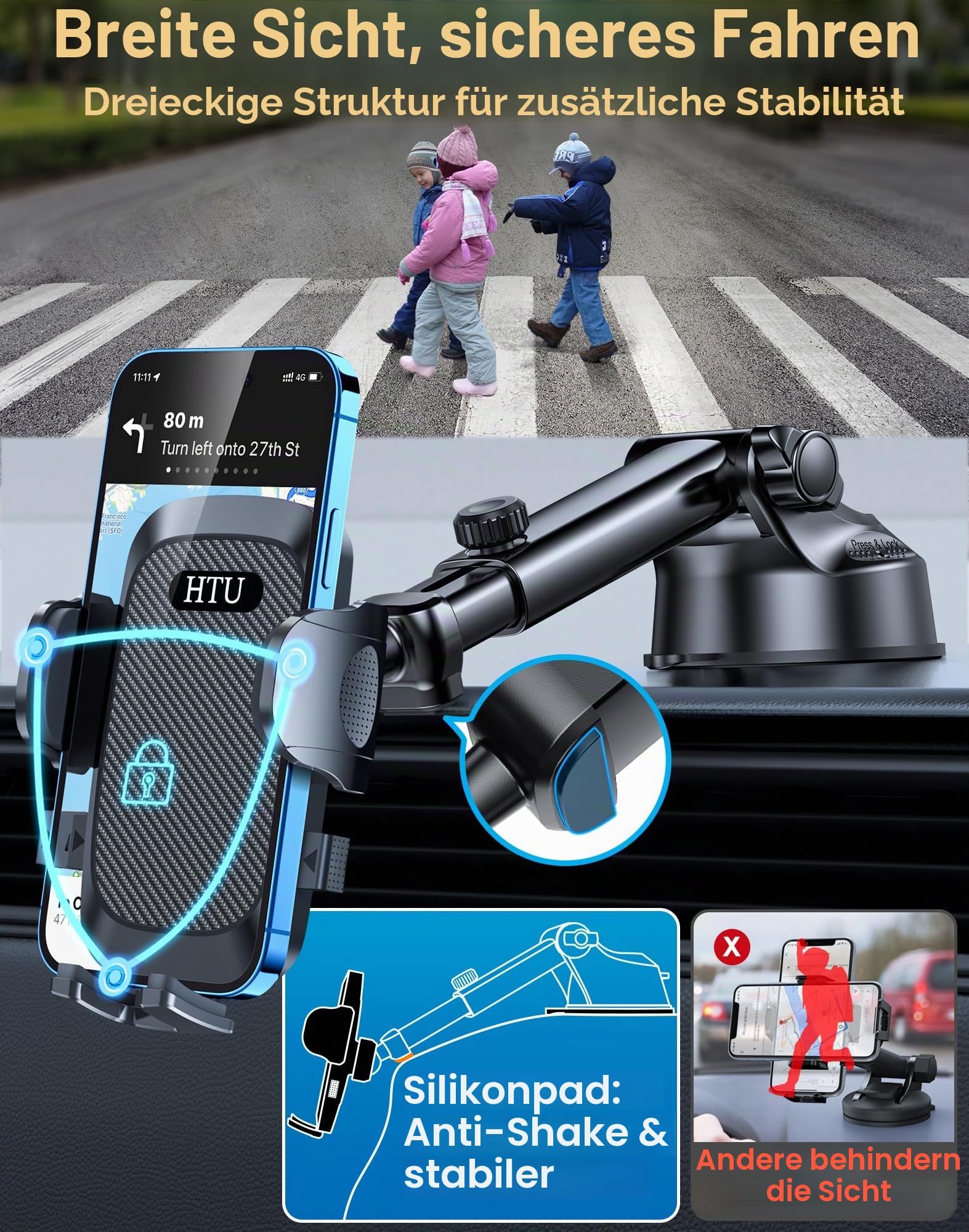 HTU【Militär-Klasse】Handyhalterung Auto, 4 in 1 Handyhalter mit【Stärkst Saugnapf & Clip】Tragfähigkeit 36kg, 360° Drehbar Kfz Autohalterung für iPhone Samsung Galaxy Google Pixel, Blass Schwarz