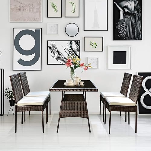 Miniatura 3 de Tangkula 5 Piece Patio Wicker Dining Set, Outdoor Rattan Table and Chairs with w/Tempered Glass Table Top & Padded Cushions, Wicker Patio