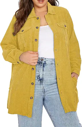 Plus Size Long Sleeve Corduroy Shacket for Women, Button-Down, Oversized Boyfriend Style