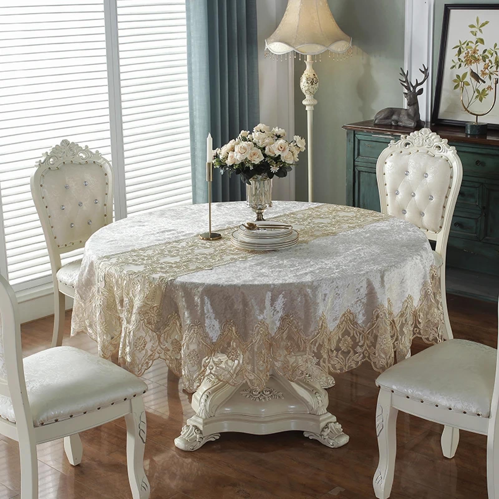 Nappe ronde en velours douce avec broderie en dentelle anti-bruit de repas