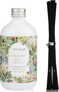 M&SENSE Reed Diffuser Oil Refill, 16.9oz (500ml) with 10 Hollow Reed Sticks, Sage Citrus Scent Home Fragrance, Scented Oil Refills, Natural Essential Oils for Diffusers, Décor for Home Spa & Office