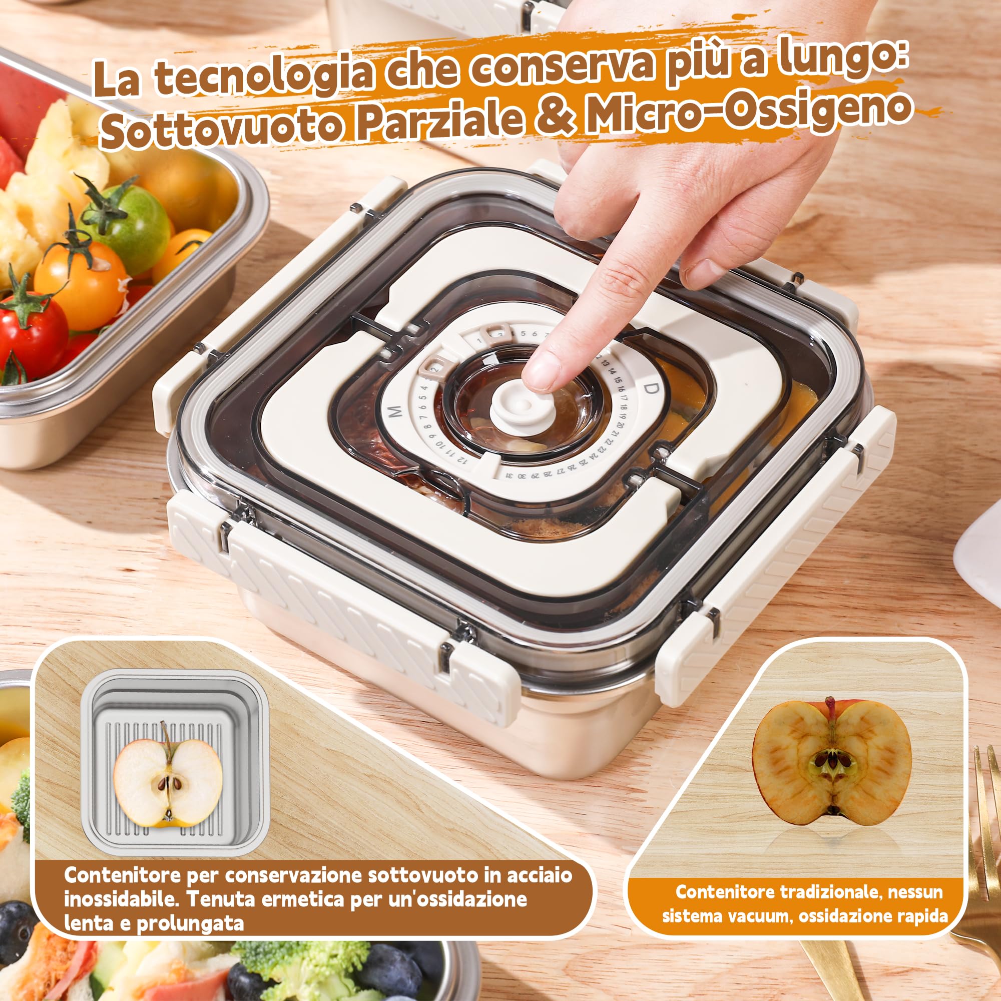 Sistema Sottovuoto Acciaio Inox con Pompa Manuale - Set da 2 Contenitori in Acciaio Inox (1250ml+1850ml) - Ermetici per Dispensa, Congelatore e Portavivande - BPA Free, Impilabili