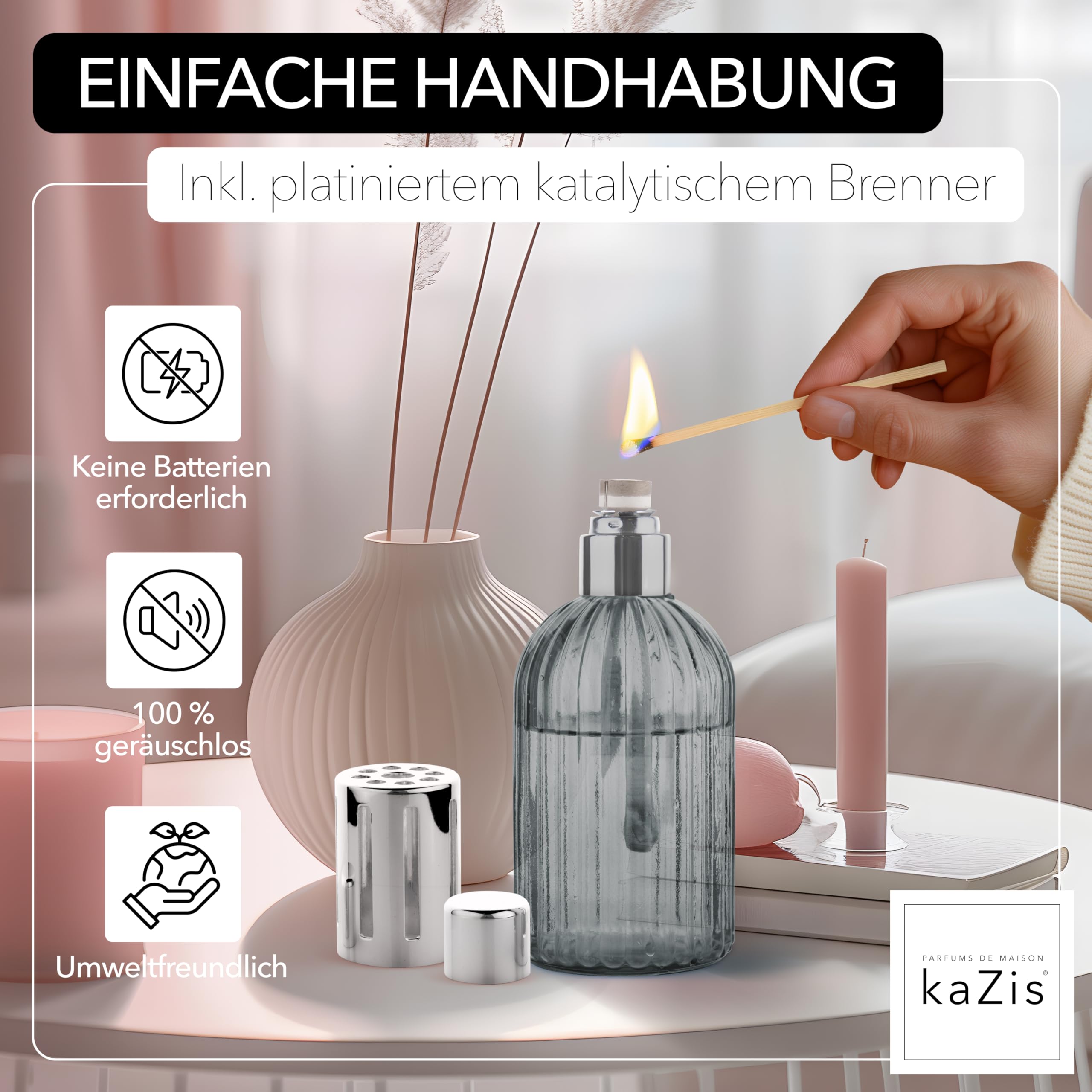 KAZIS® I lampada catalitica profumata I vetro I XXL I 400 ml (grigio)