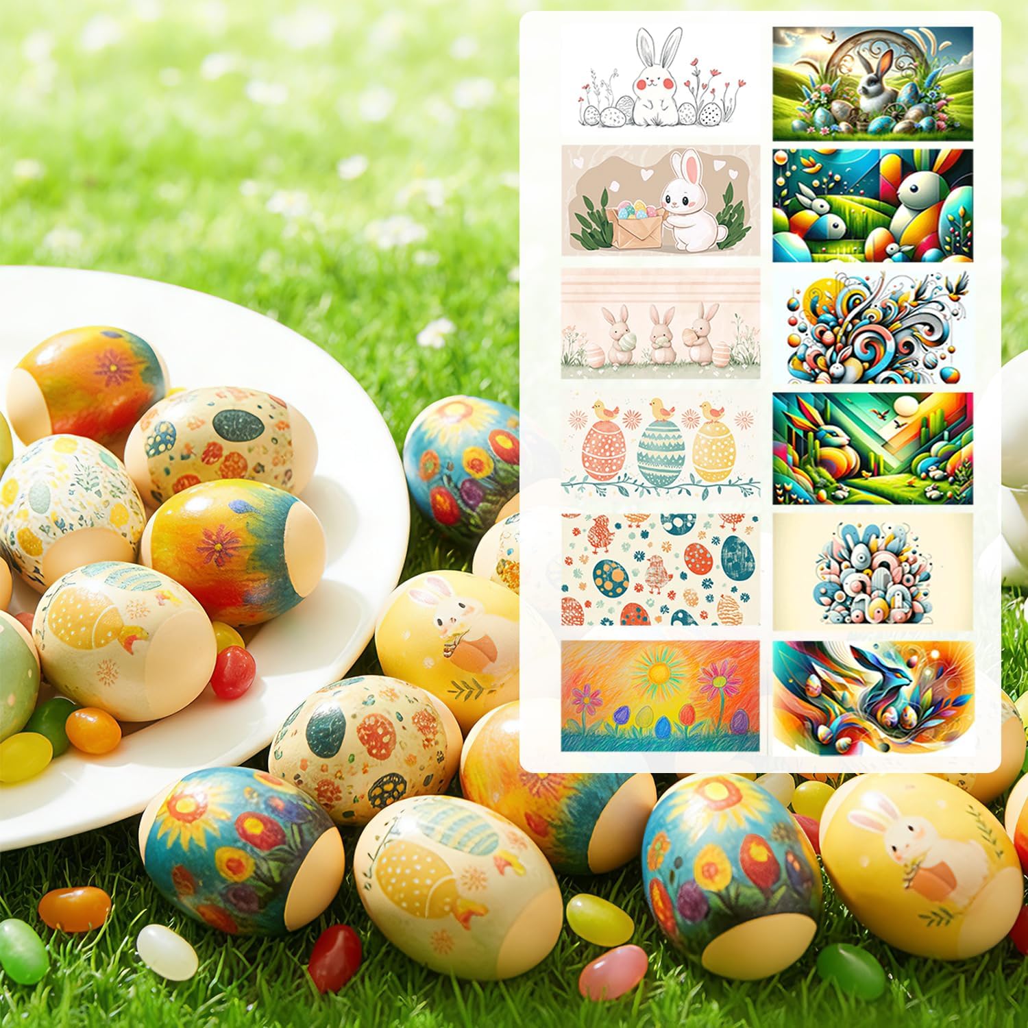 48 Pieces Thermo Heat Sleeves Easter Eggs Wraps Decorative Egg Easter Bunny and Chick Pattern Decoration Film Pysanky Shrink Wraps Pysanka Heat Shrink Easter Egg Decorating Egg Stickers (Large(set3))