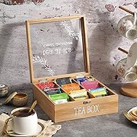 Vista 2 de handrong Caja de té, almacenamiento de bolsas de té, organizador de bolsas de té de bambú, baúl moderno con 9 compartimentos y cubierta transparente