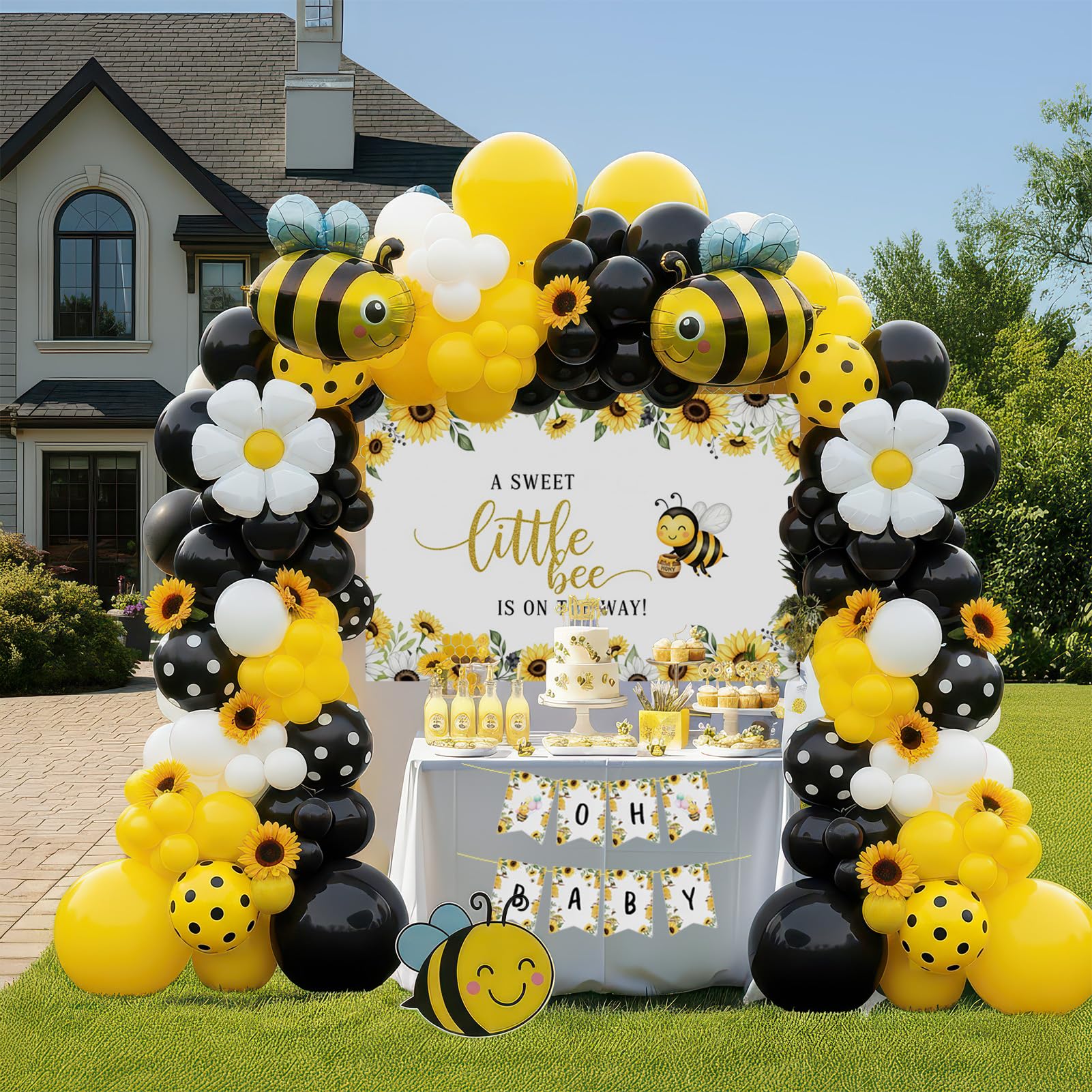 A little Bee is on the Way Baby Shower Decorations - with Yellow Black White Balloon arch & Bee daisy polka dot prints foil balloons & Banner backdrop for Honey Gender Reveal Party Supplies