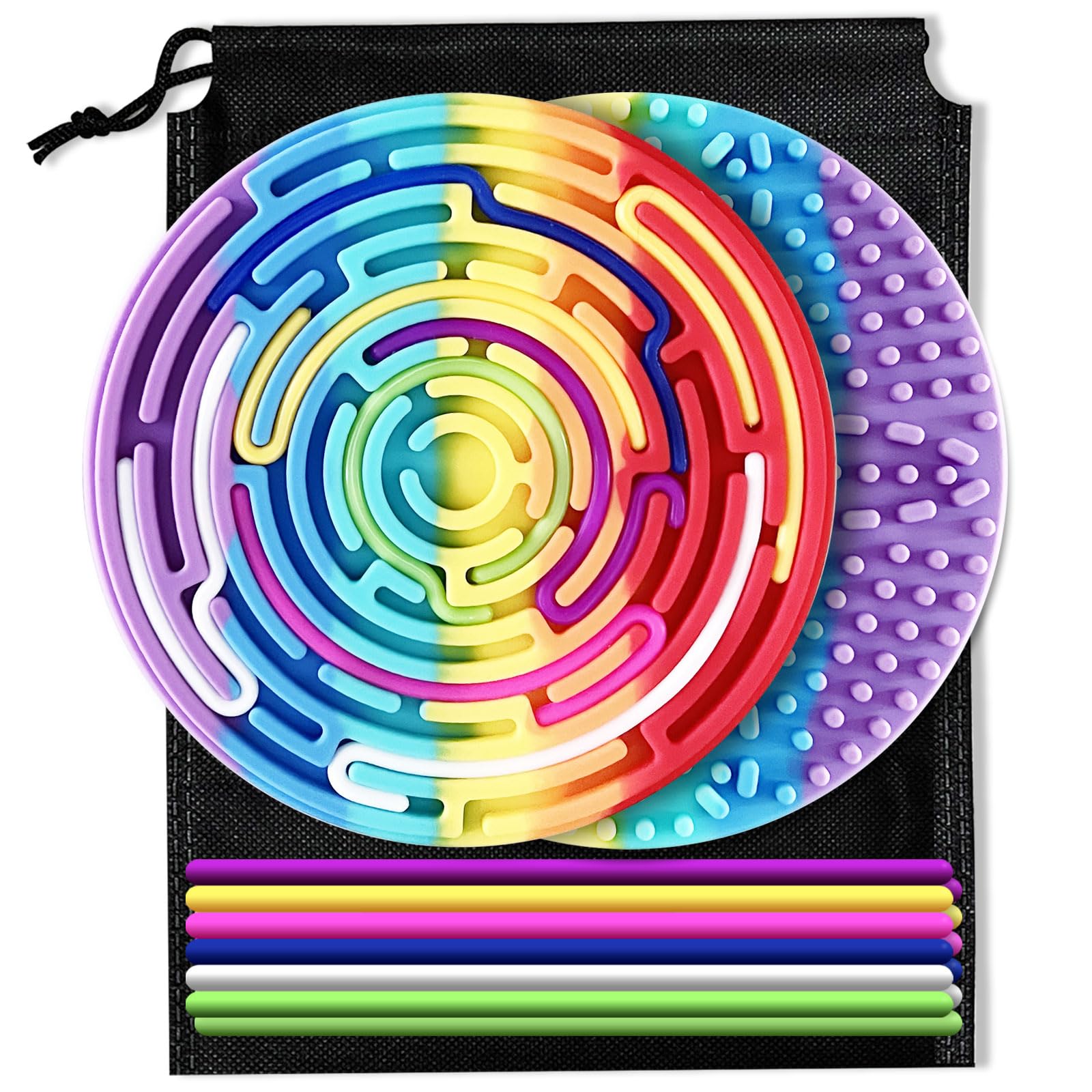 Sensory Activity Board - Double-Sided Silicone Fidget Toy for Kids & Adults. Silent, No Mess, and Calming for Anxiety, ADHD & Autism. Travel Bag and 12 Strings. Suitable for Ages 3+(Rainbow)