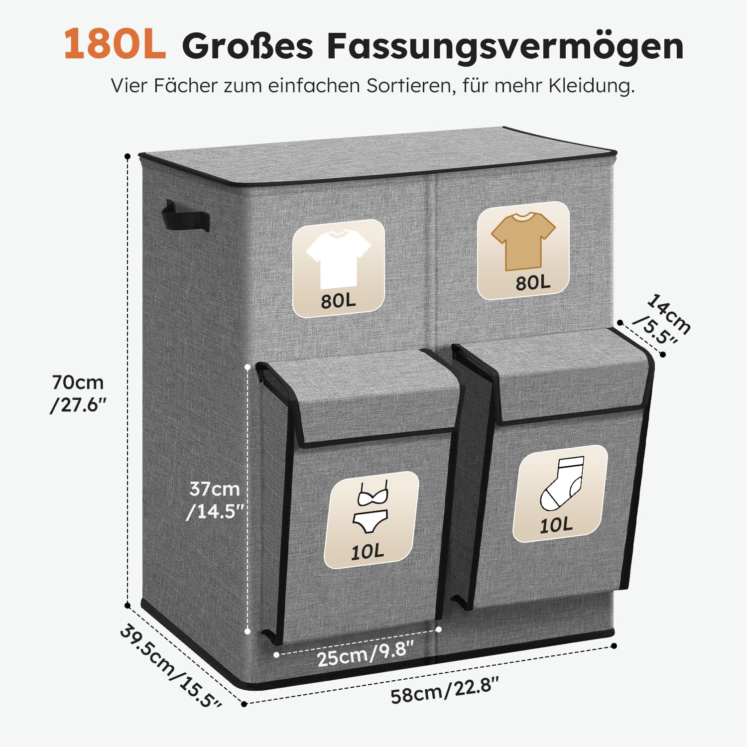 SOLEDI 180L Wäschekorb mit Deckel, Wäschesammler 2 Fächer mit 2 Seitentaschen, Laundr Baskets mit 2 Wäschesack, Wäschesortierer Groß XXXL für Badezimmer, Schlafzimmer, Waschküche