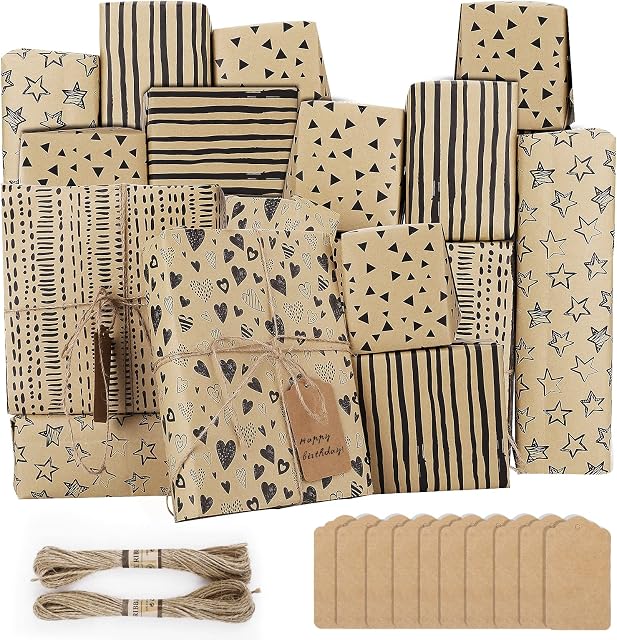 Prasacco 5 papierów pakowych kraft, papier do pakowania urodzin 70 x 50 cm ekologiczny papier pakowy z 2 wiązkami sznurka jutowego (wiązka 10 m) i 10 etykietami na urodziny, festiwale