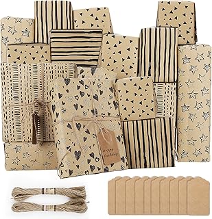 Prasacco Wrapping Paper Sheets, Birthday Wrapping Paper Eco-friendly Gift Wrapping Paper Birthday Gift Wrap Present Kraft Gift Wrapping Paper with Jute Strings and Tag for Women Men Girl Boy Kids