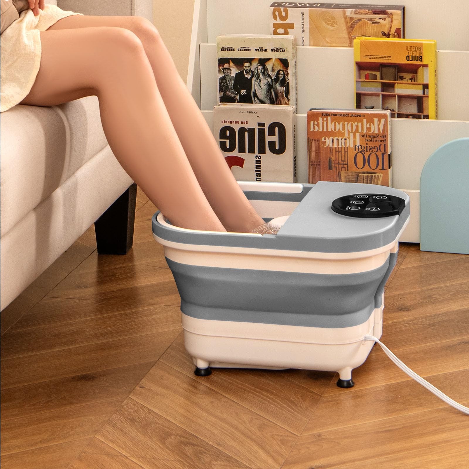 HOMASIS Fußbad faltbar, elektrisches Fußmassagegerät mit Temperaturregelung 35-48 °C, Fußbadewanne mit Timer 0-60 min, Fußsprudelbad mit abnehmbaren 30 Massage-Bälle & Brause, Grau
