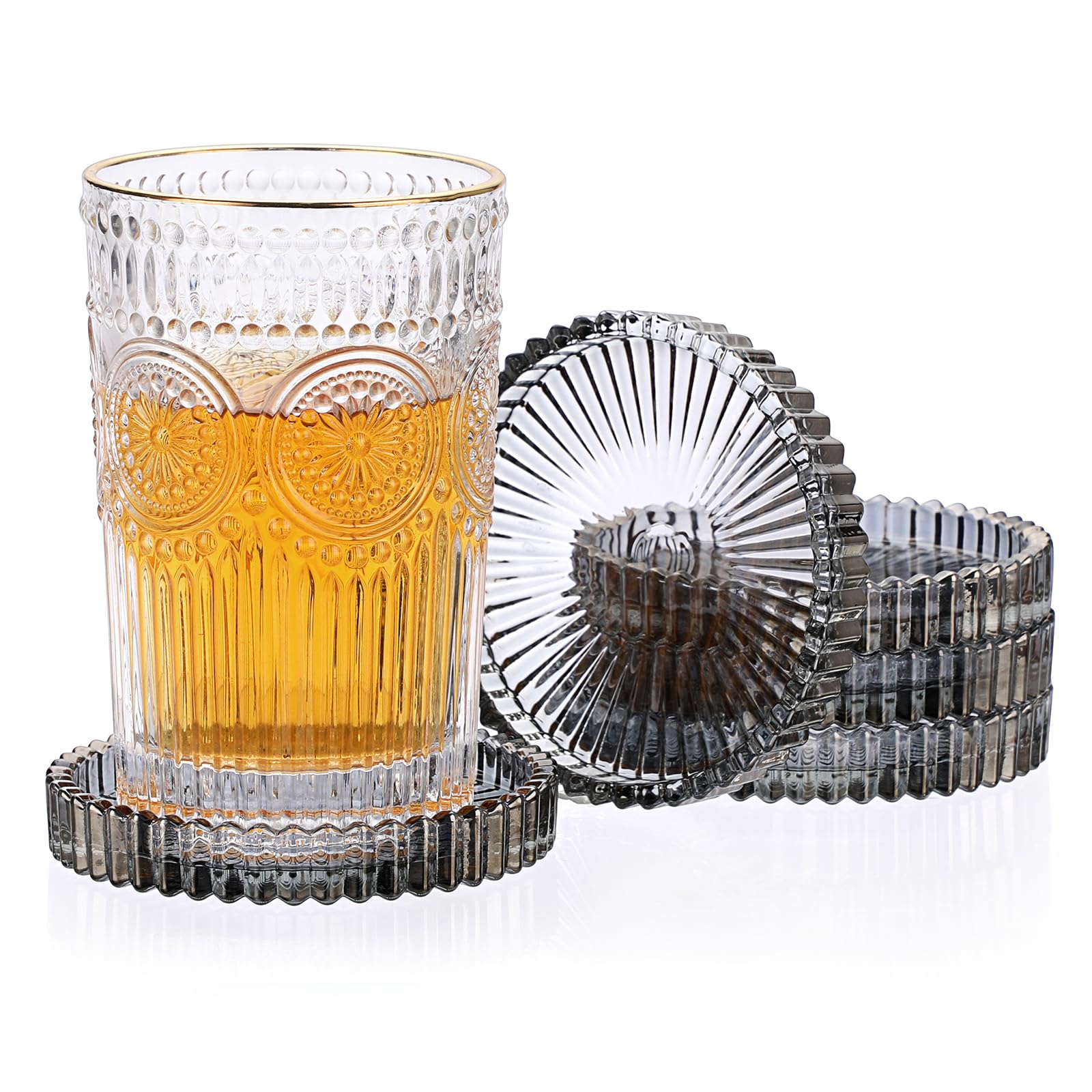 JUXYES 5 Pack Crystal Black Coasters Round Cup Mat, Glass Coasters for Drinks Coffee Tea Wine, Decorative Wine Bottle Coaster, Crystal Drink Coaster