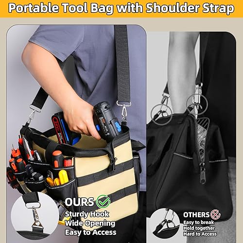 Miniatura 7 de Bolsa de herramientas resistente de 15 pulgadas con 24 bolsillos, caja de herramientas de boca abierta ancha con correa para el hombro, kit de