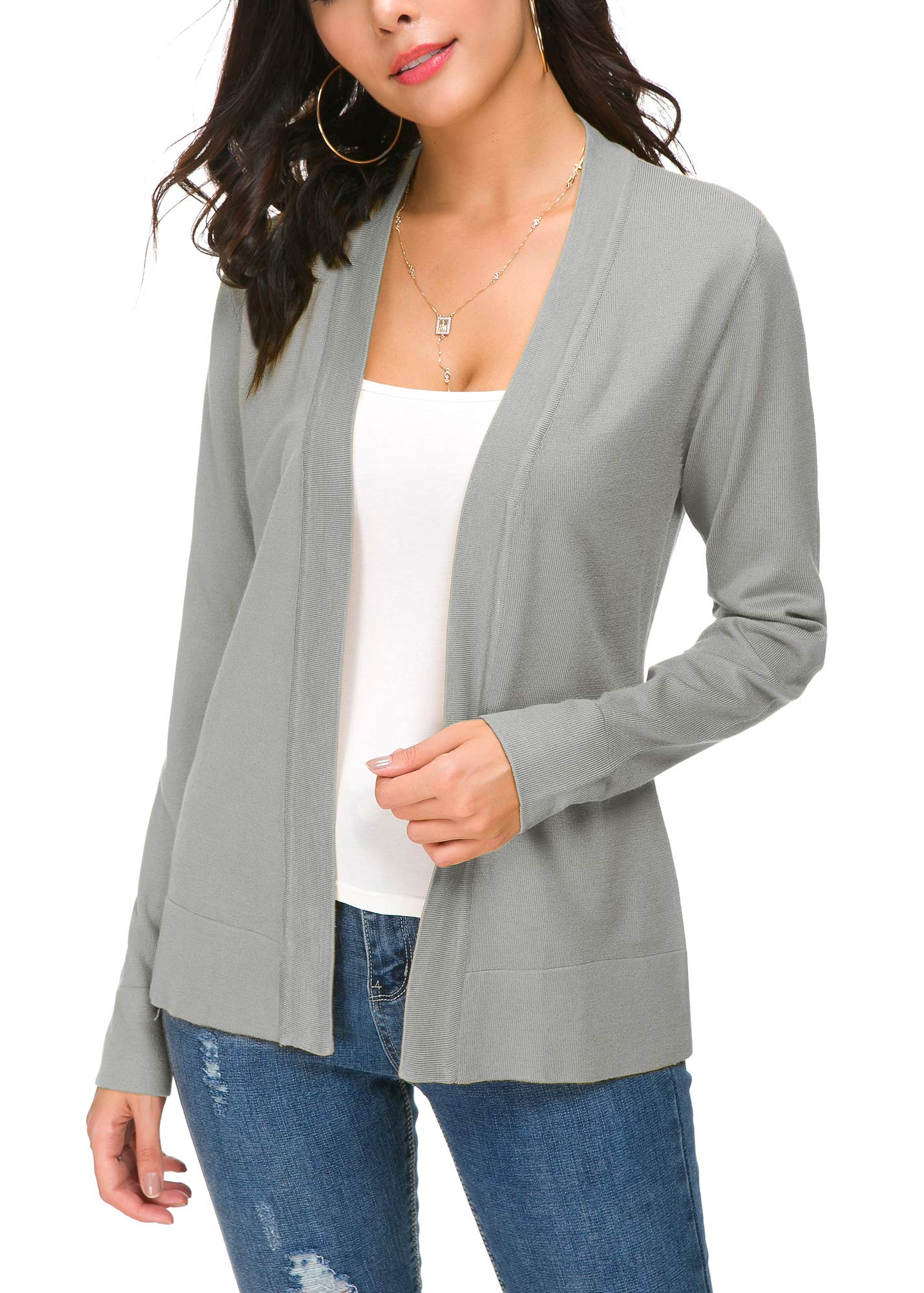 EXCHIC Damen Elegant Langarm Elastisch Strickjacke Cardigan Casual Leicht V-Ausschnitt Gestrickt Blazer (L, Hellgrau)