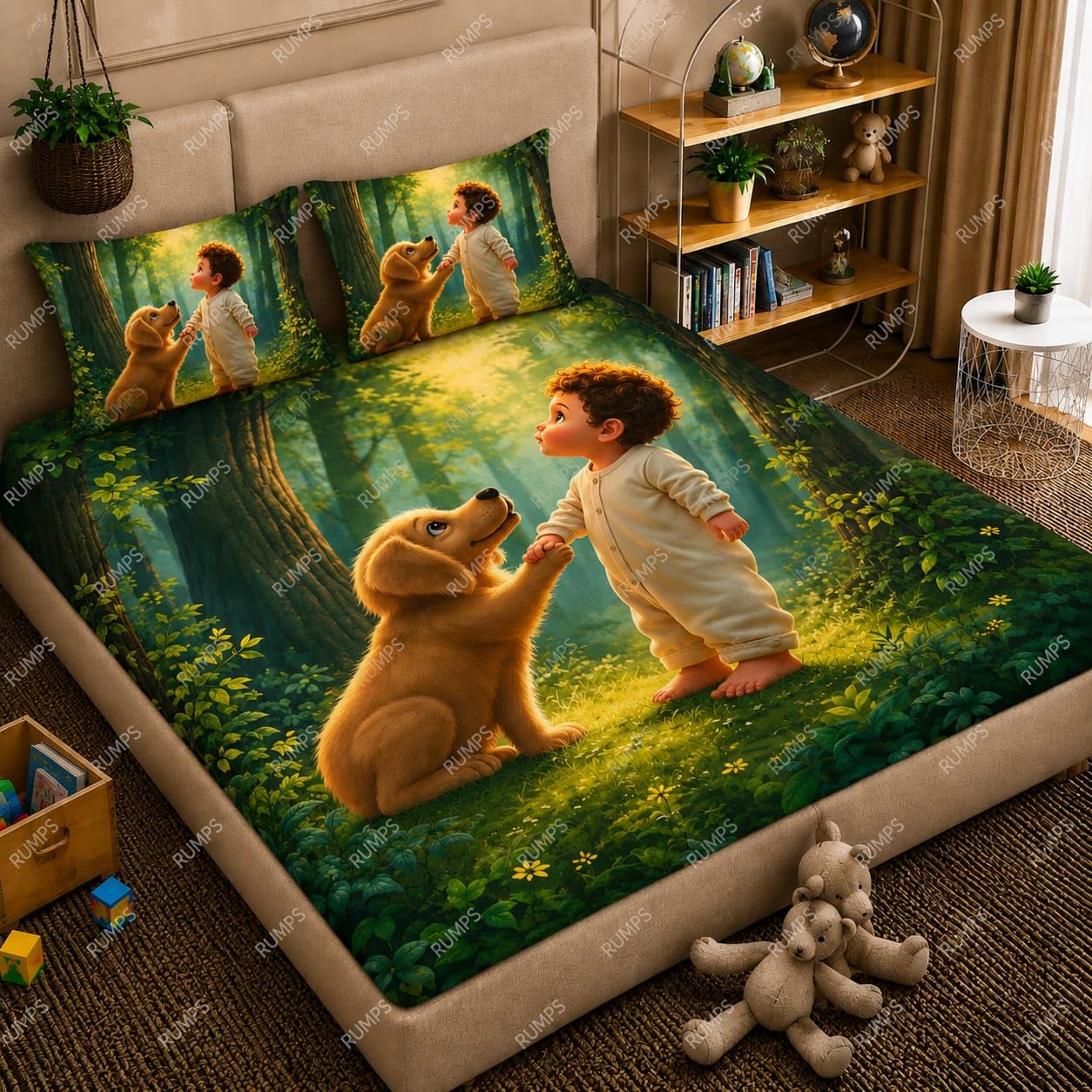 RUMPS 7D Digital Printed King Size Bedsheet | Premium Microfiber Bedding Set with 2 Pillow Covers, Magical Forest Baby & Puppy Theme